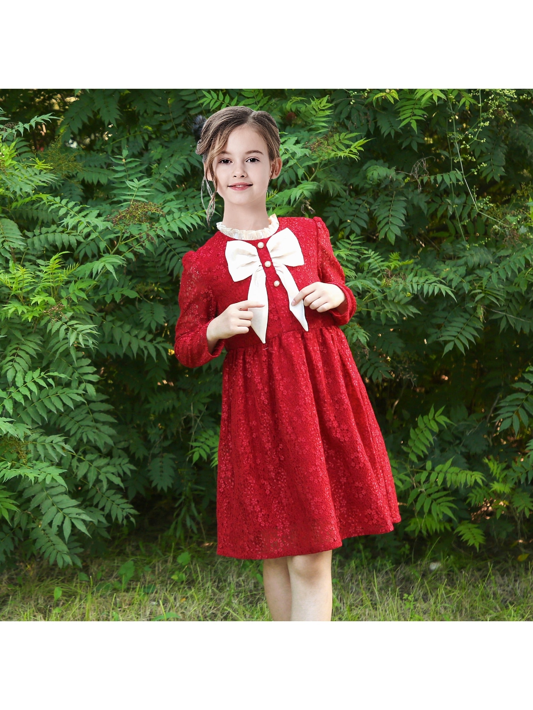 Girls Dress Flower Lace White Collar Skirt Dress Red