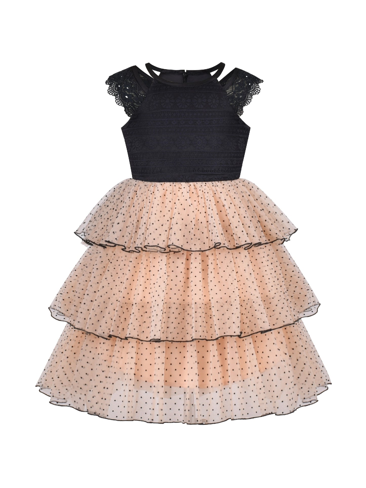 Girls Dress A-line Round Collar Sleeveless Pleated Bodice White Beige