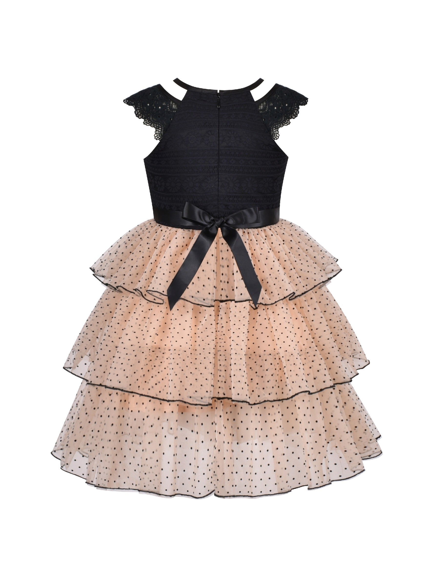 Girls Dress A-line Round Collar Sleeveless Pleated Bodice White Beige