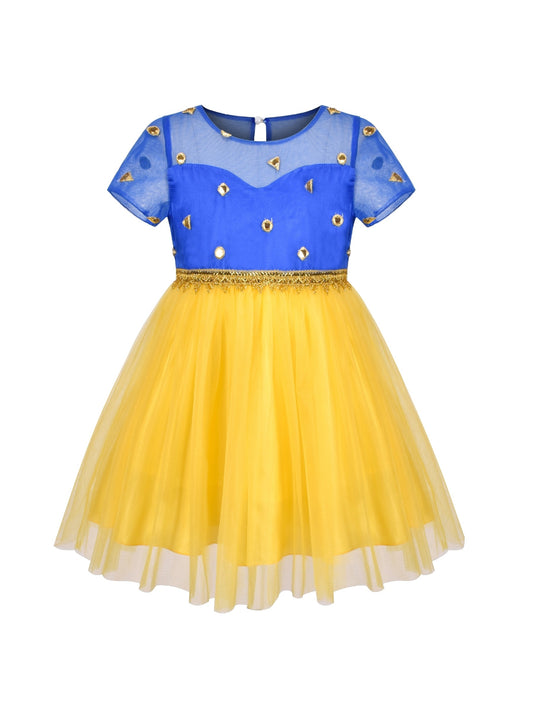 Girl Dress Yellow Blue Ethnic Pattu Pavadai Short Sleeve Yellow