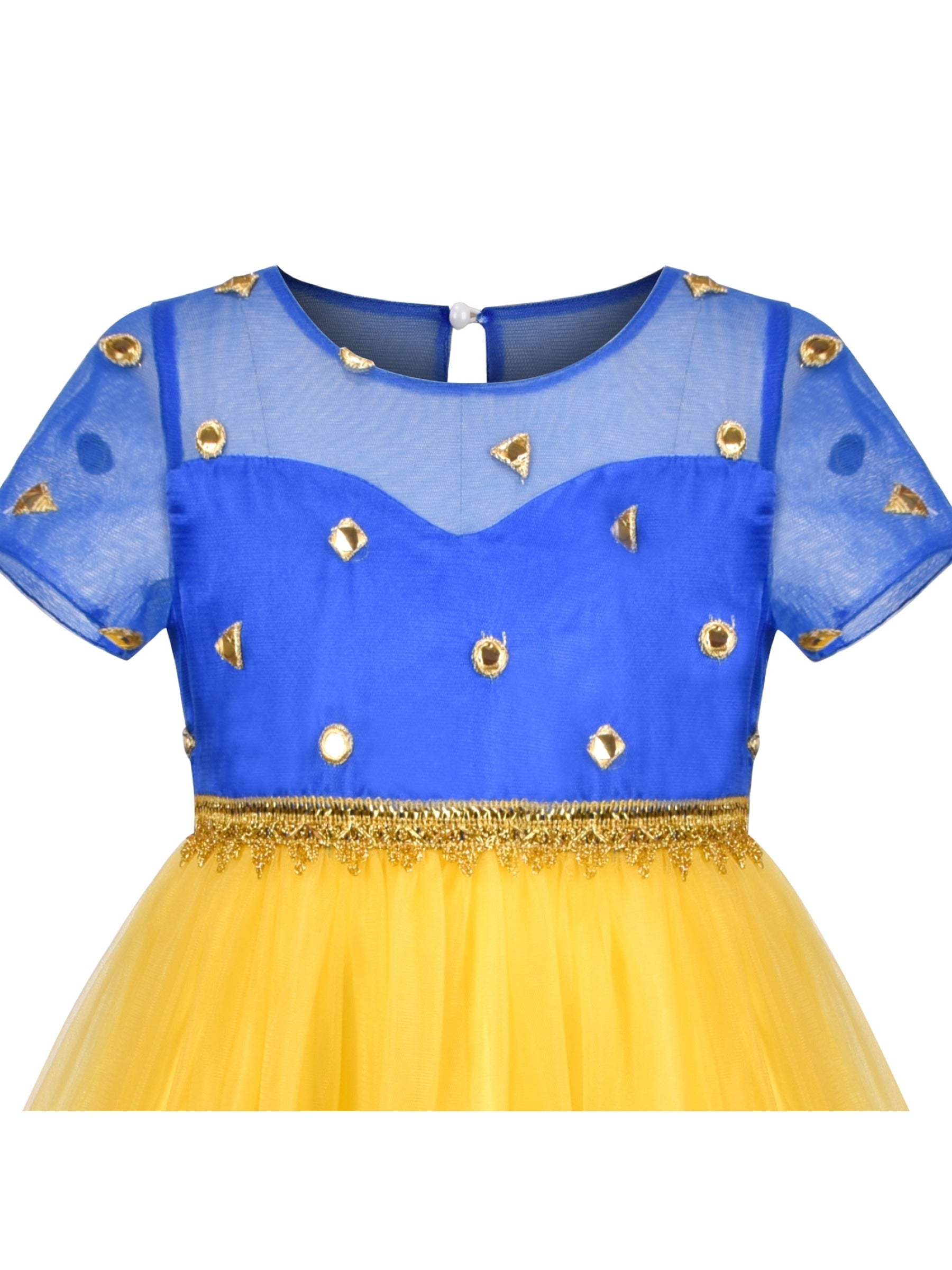 Girl Dress Yellow Blue Ethnic Pattu Pavadai Short Sleeve Yellow