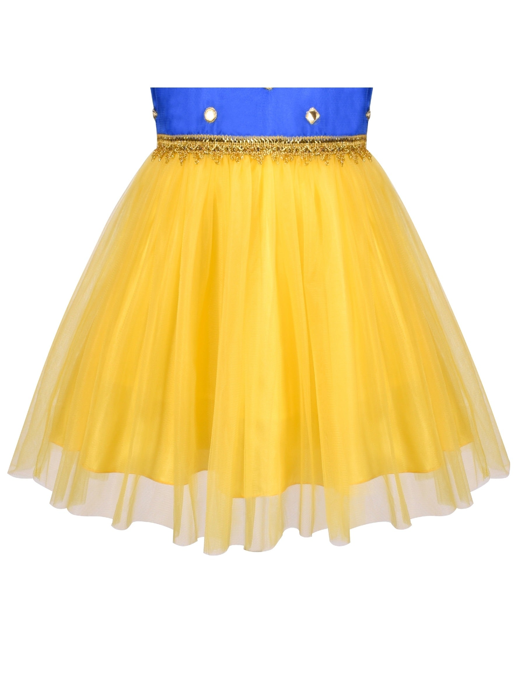 Girl Dress Yellow Blue Ethnic Pattu Pavadai Short Sleeve Yellow