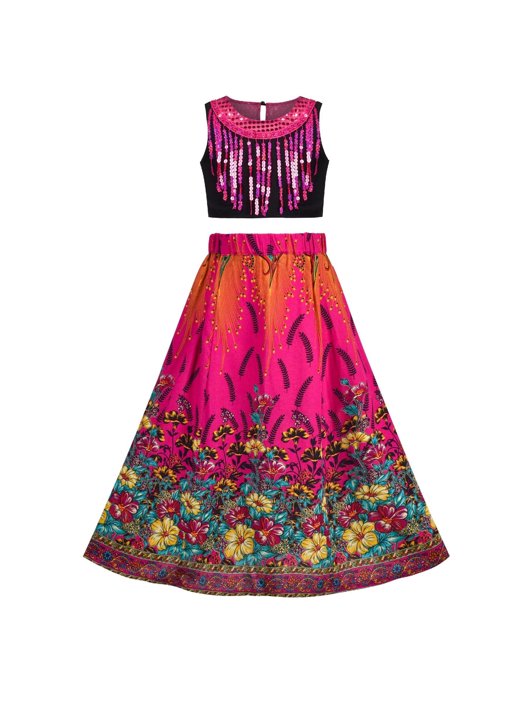 Bollywood India Girl Dress 2 Piece Floral Tassel Ethnic Red