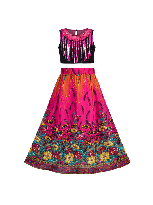 Bollywood India Girl Dress 2 Piece Floral Tassel Ethnic Red