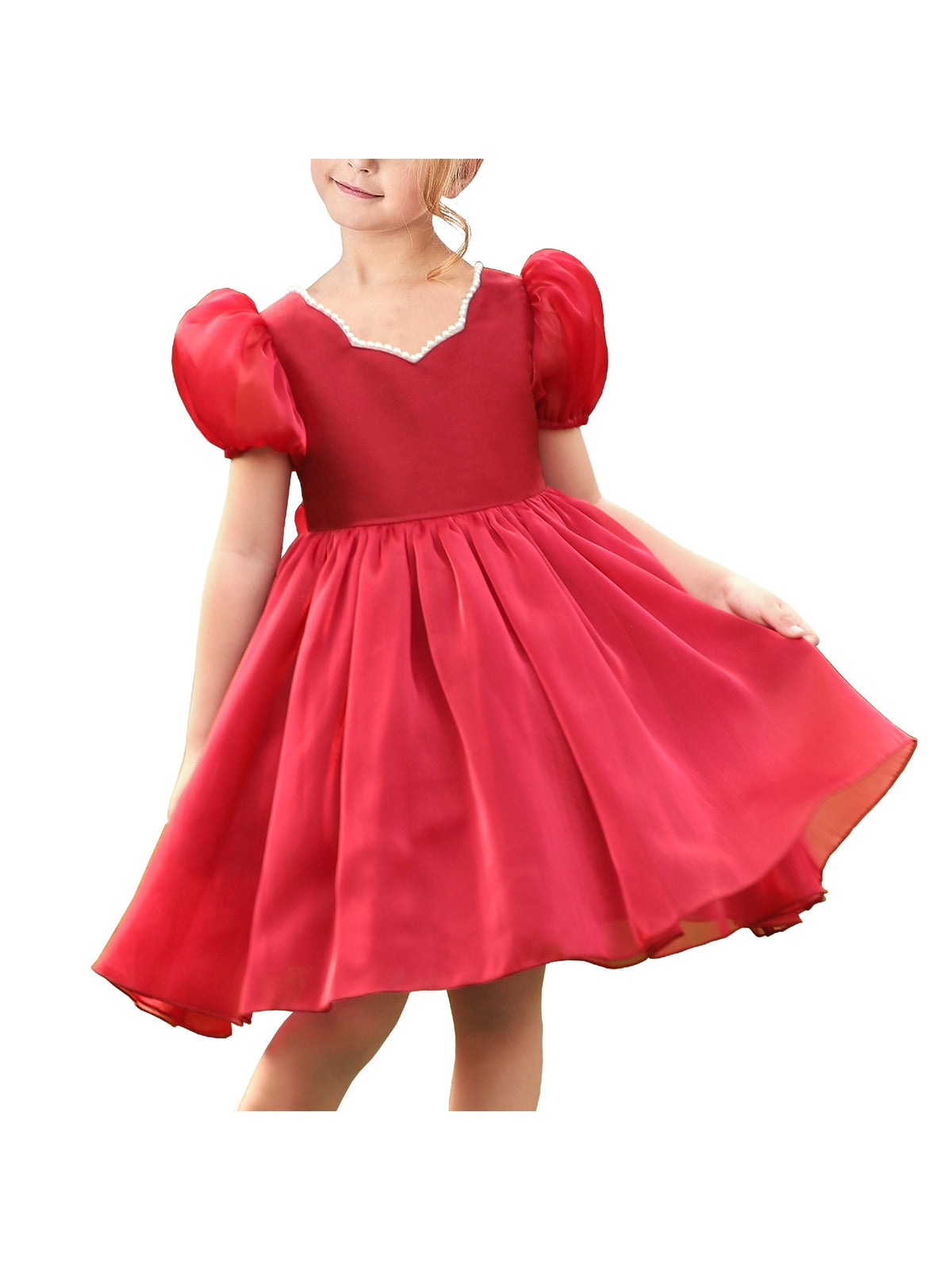 Girls Dress Sequin Shiny Rainbow Color Puffy Ruffle Bud Short Sleeve - Red