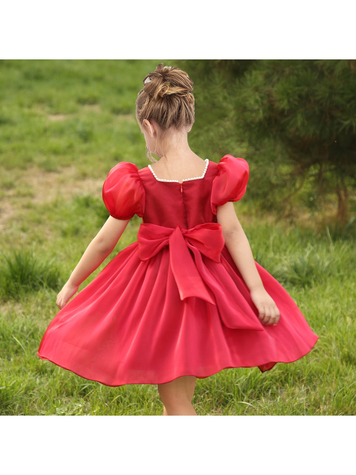 Girls Dress Sequin Shiny Rainbow Color Puffy Ruffle Bud Short Sleeve - Red