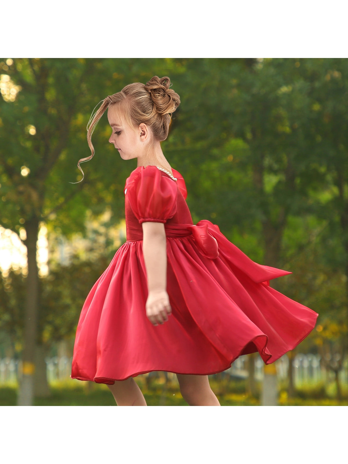 Girls Dress Sequin Shiny Rainbow Color Puffy Ruffle Bud Short Sleeve - Red