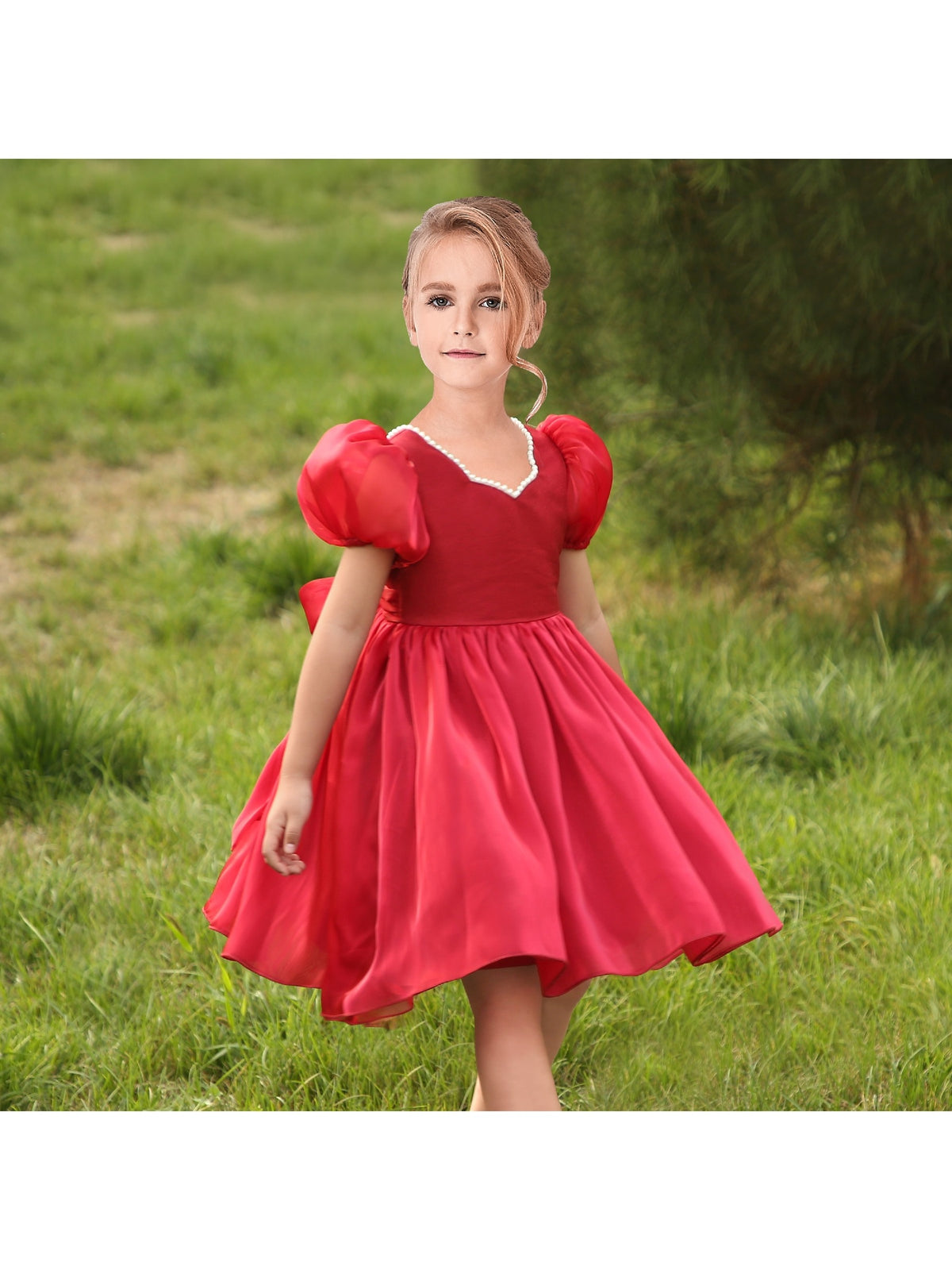 Girls Dress Sequin Shiny Rainbow Color Puffy Ruffle Bud Short Sleeve - Red