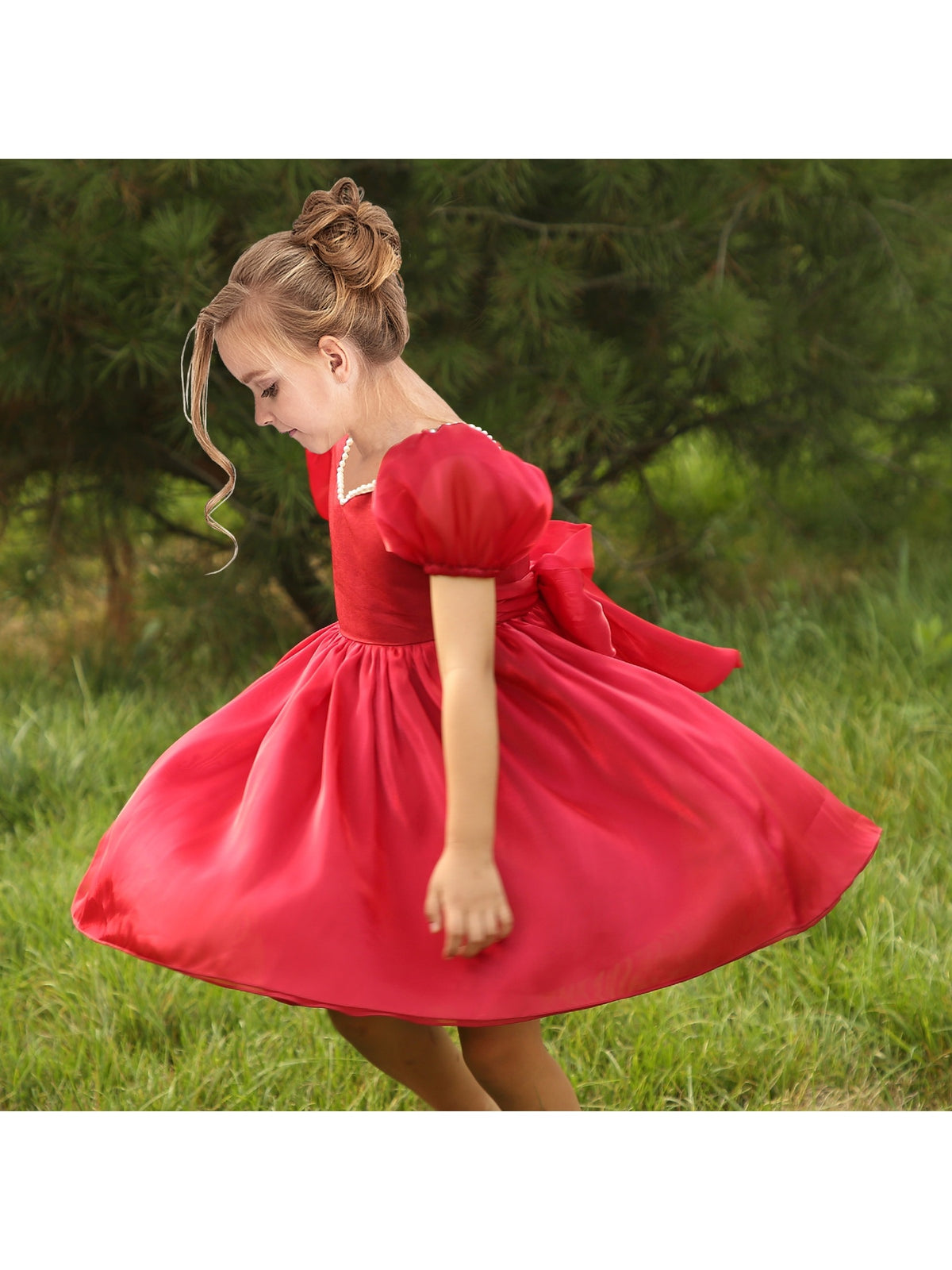 Girls Dress Sequin Shiny Rainbow Color Puffy Ruffle Bud Short Sleeve - Red