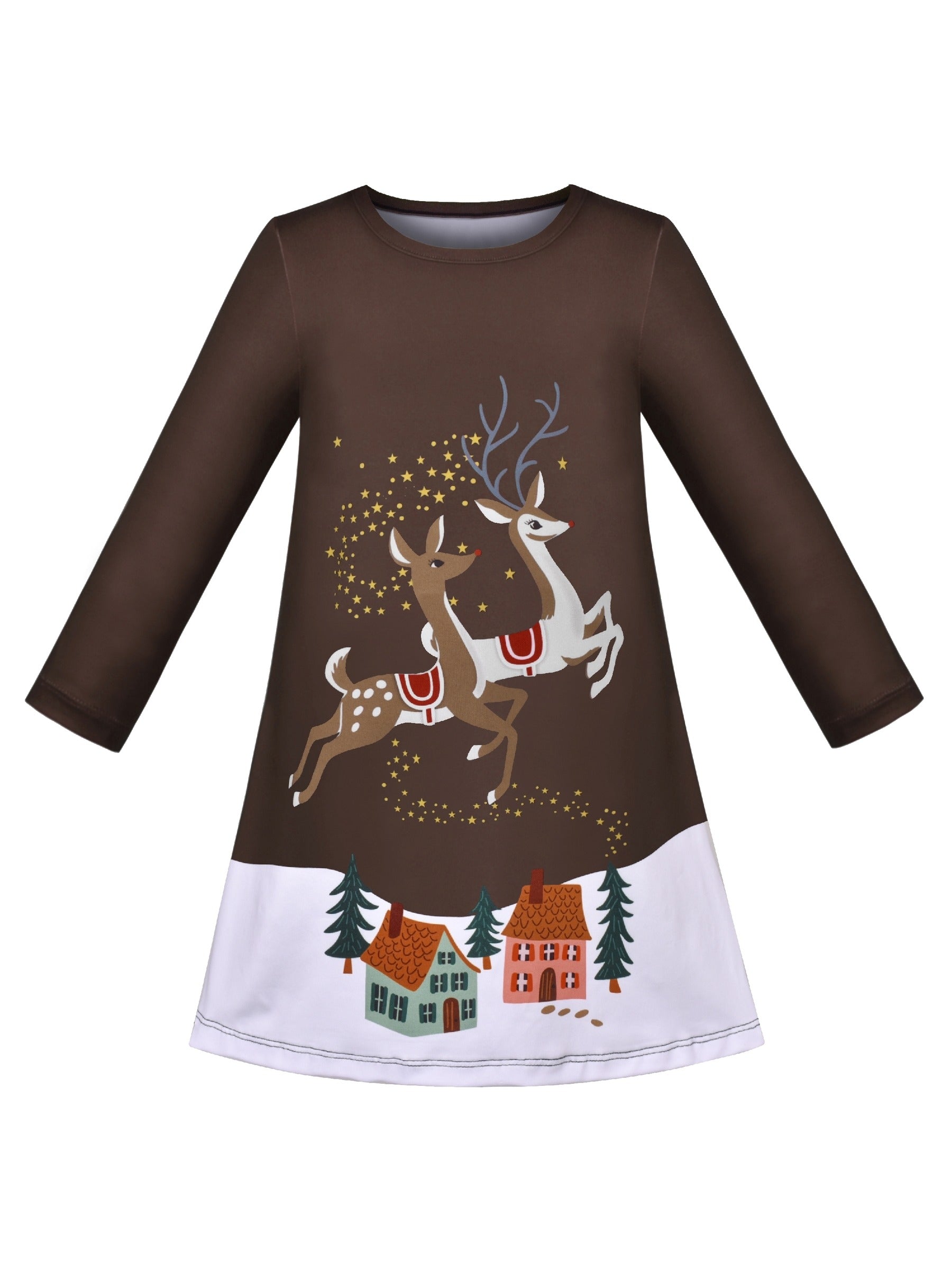 Girls Dress Long Sleeve Cotton Cartoon Sequins Pink Striped Dress Brown