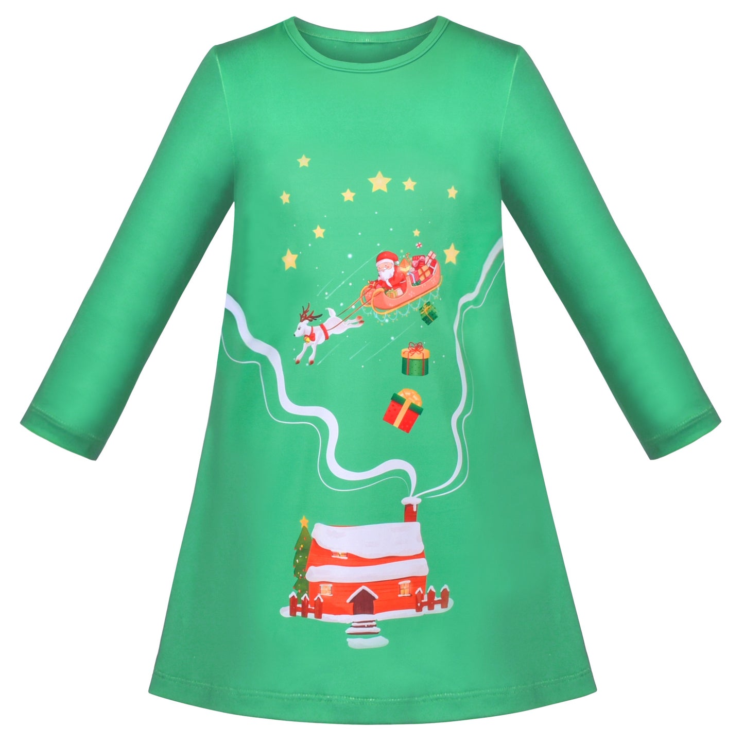 Girls Dress Long Sleeve Cotton Cartoon Sequins Pink Striped Dress Green