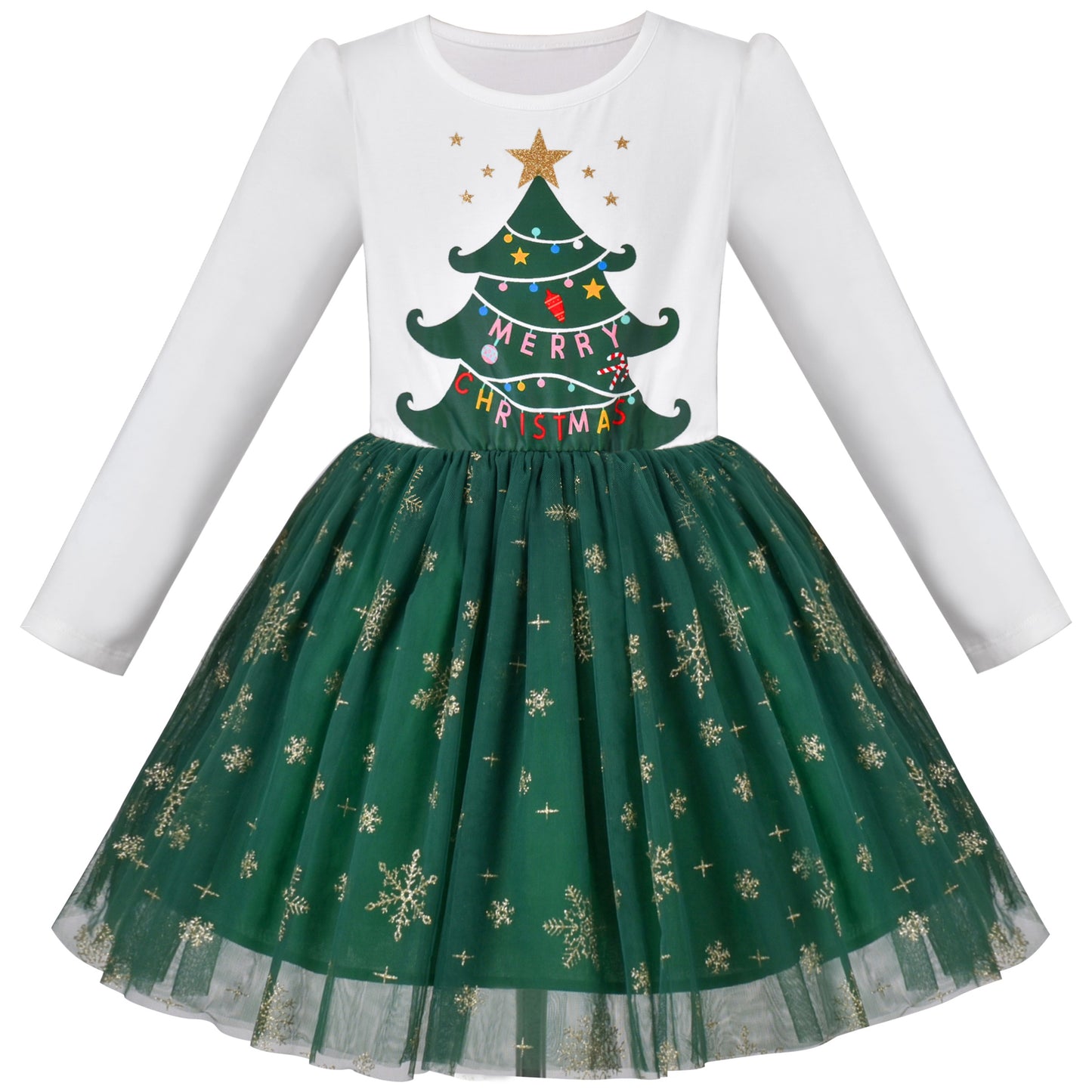 Girls Dress Christmas Reindeer Long Sleeve Party Dress Green