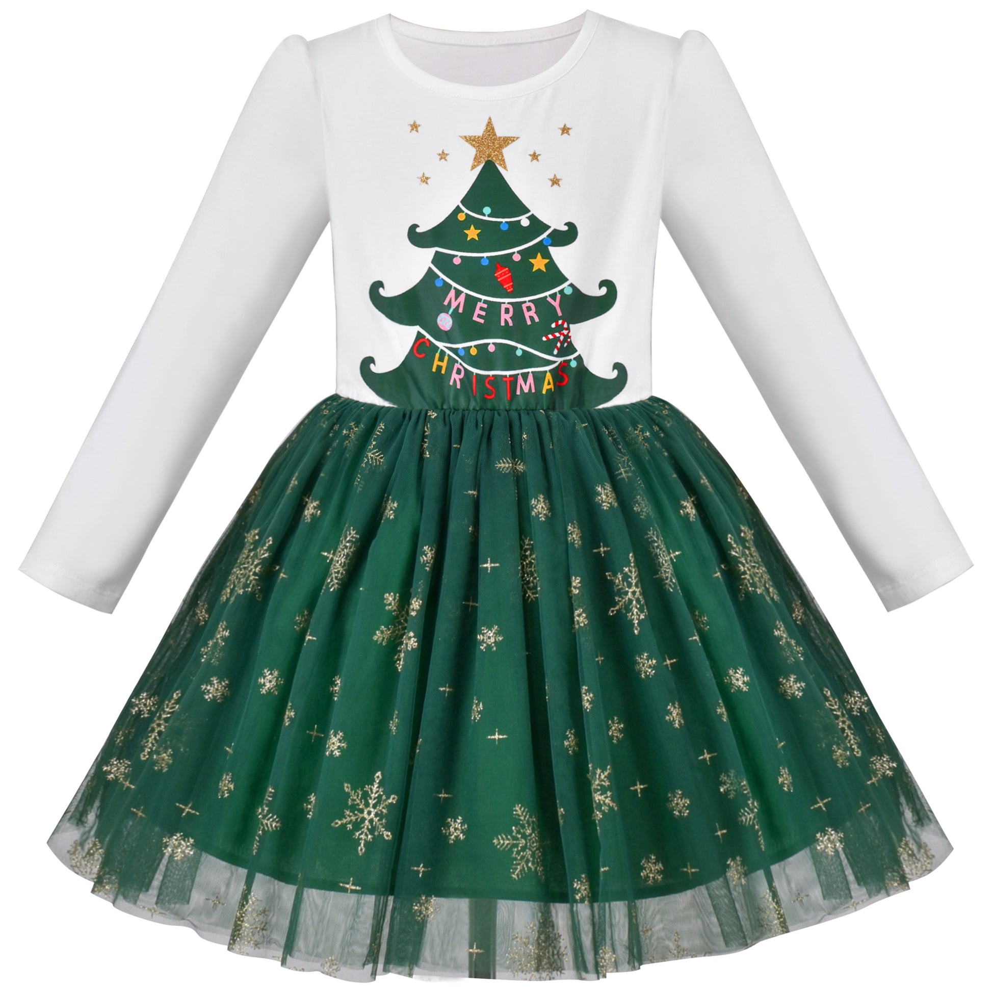 Girls Dress Christmas Reindeer Long Sleeve Party Dress Green