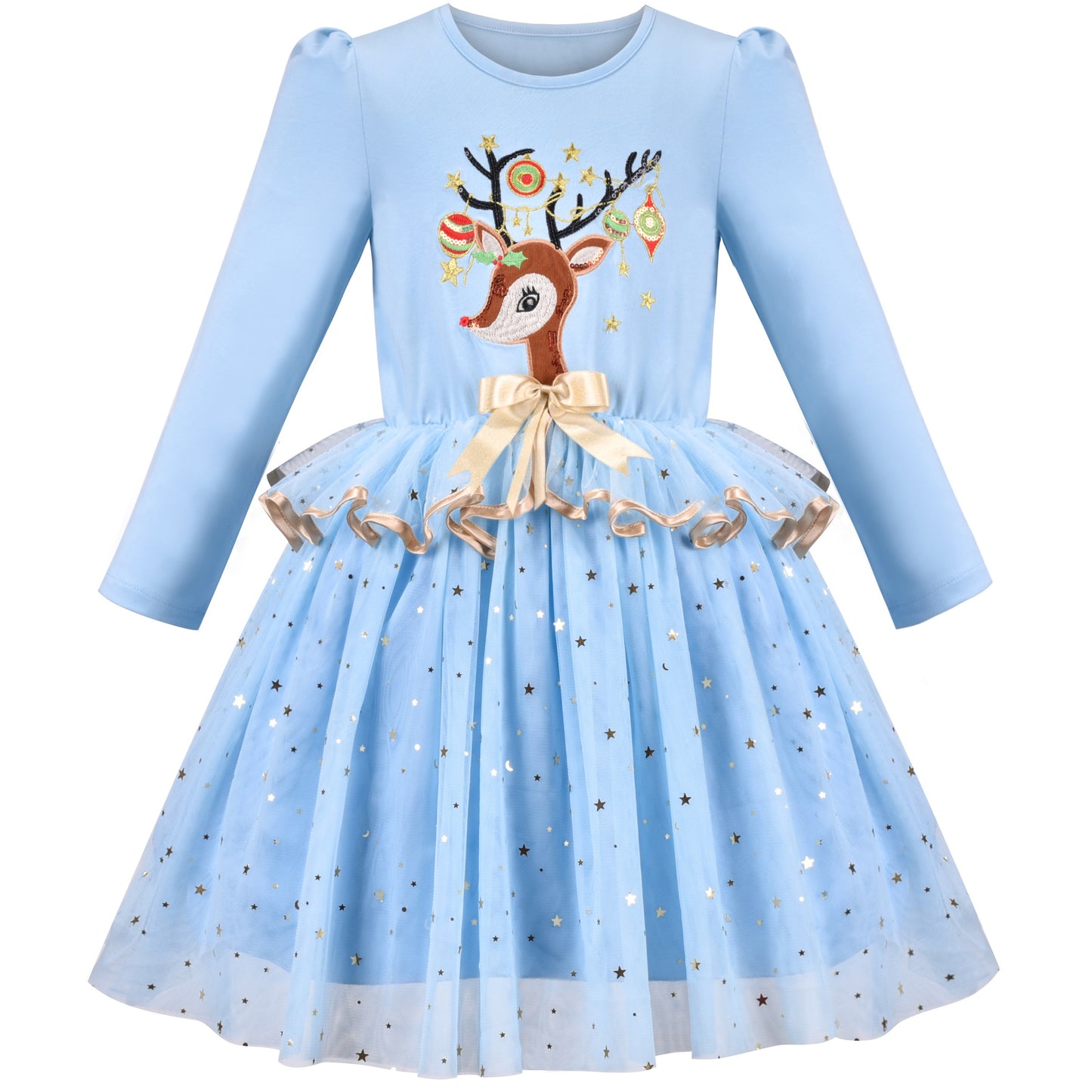 Girls Dress Christmas Reindeer Long Sleeve Party Dress Blue
