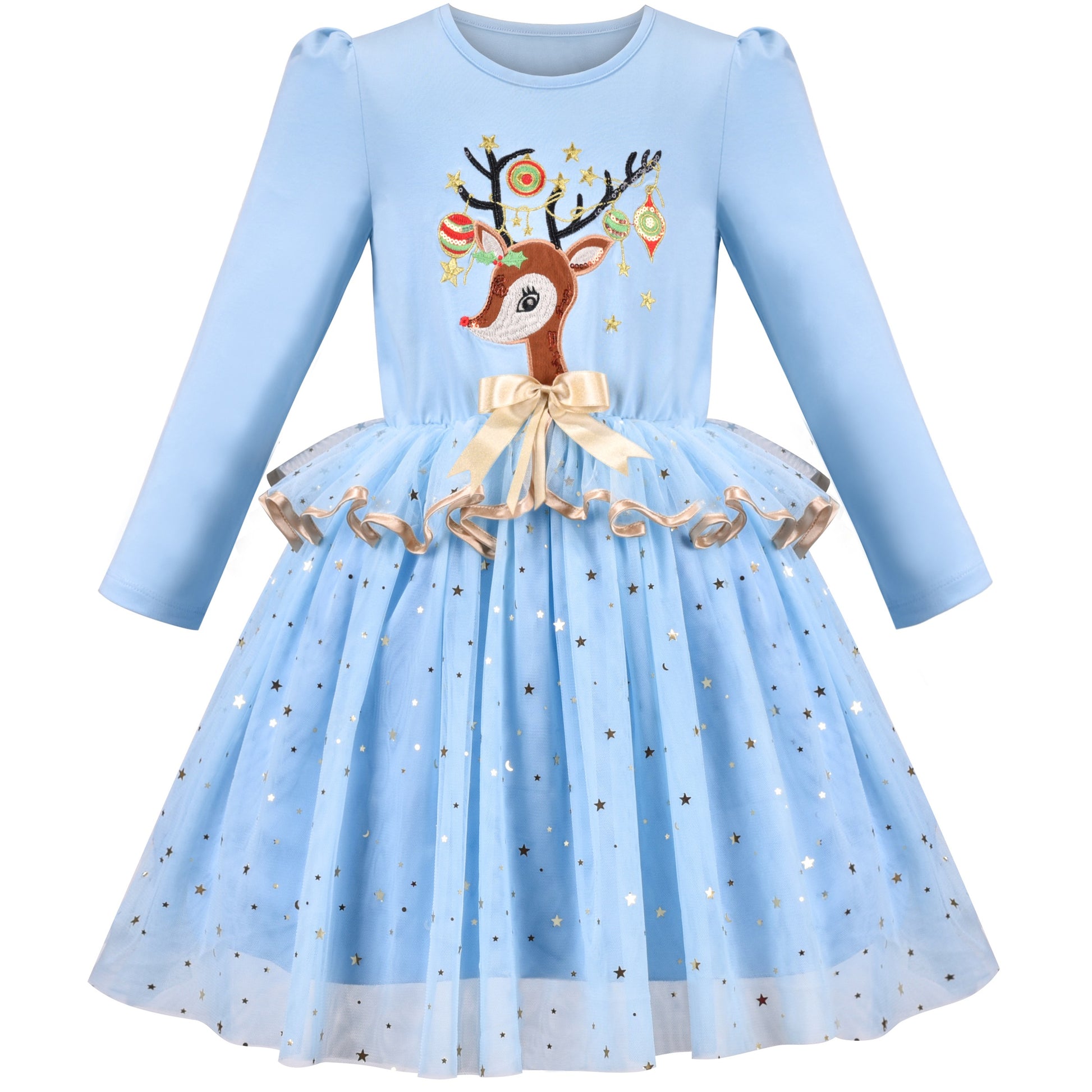 Girls Dress Christmas Reindeer Long Sleeve Party Dress Blue