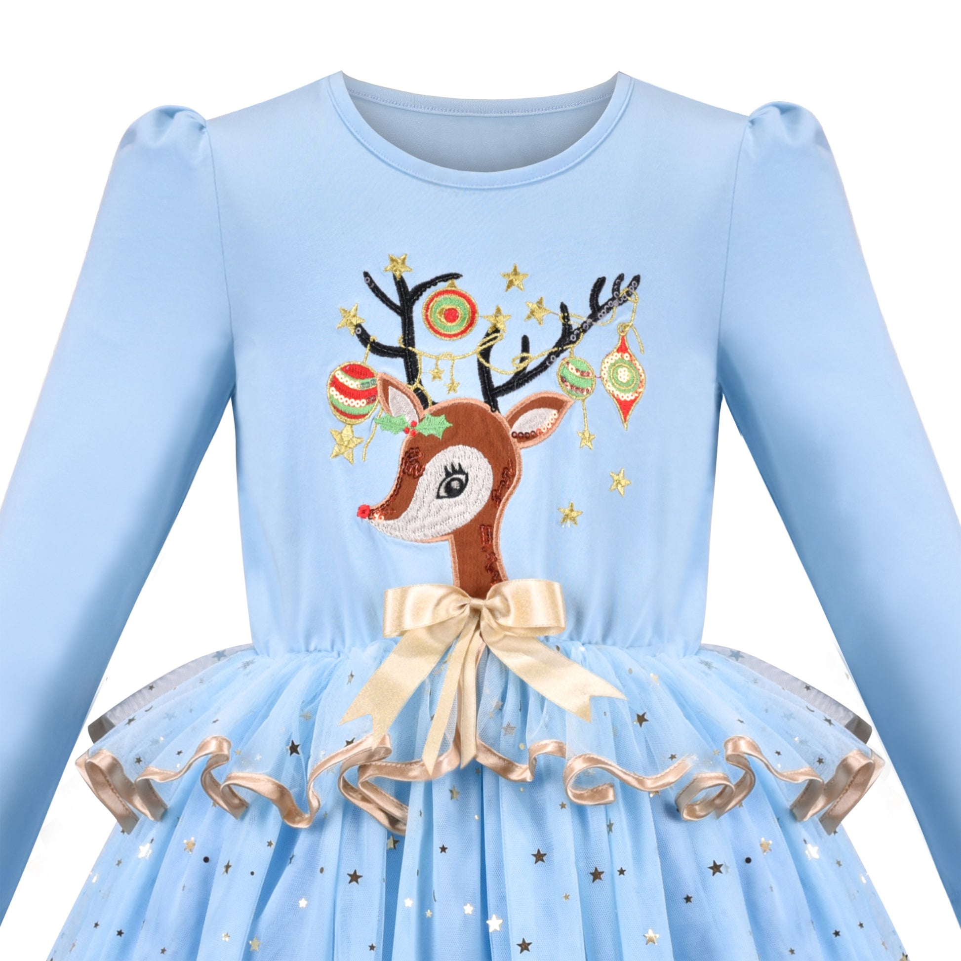 Girls Dress Christmas Reindeer Long Sleeve Party Dress Blue