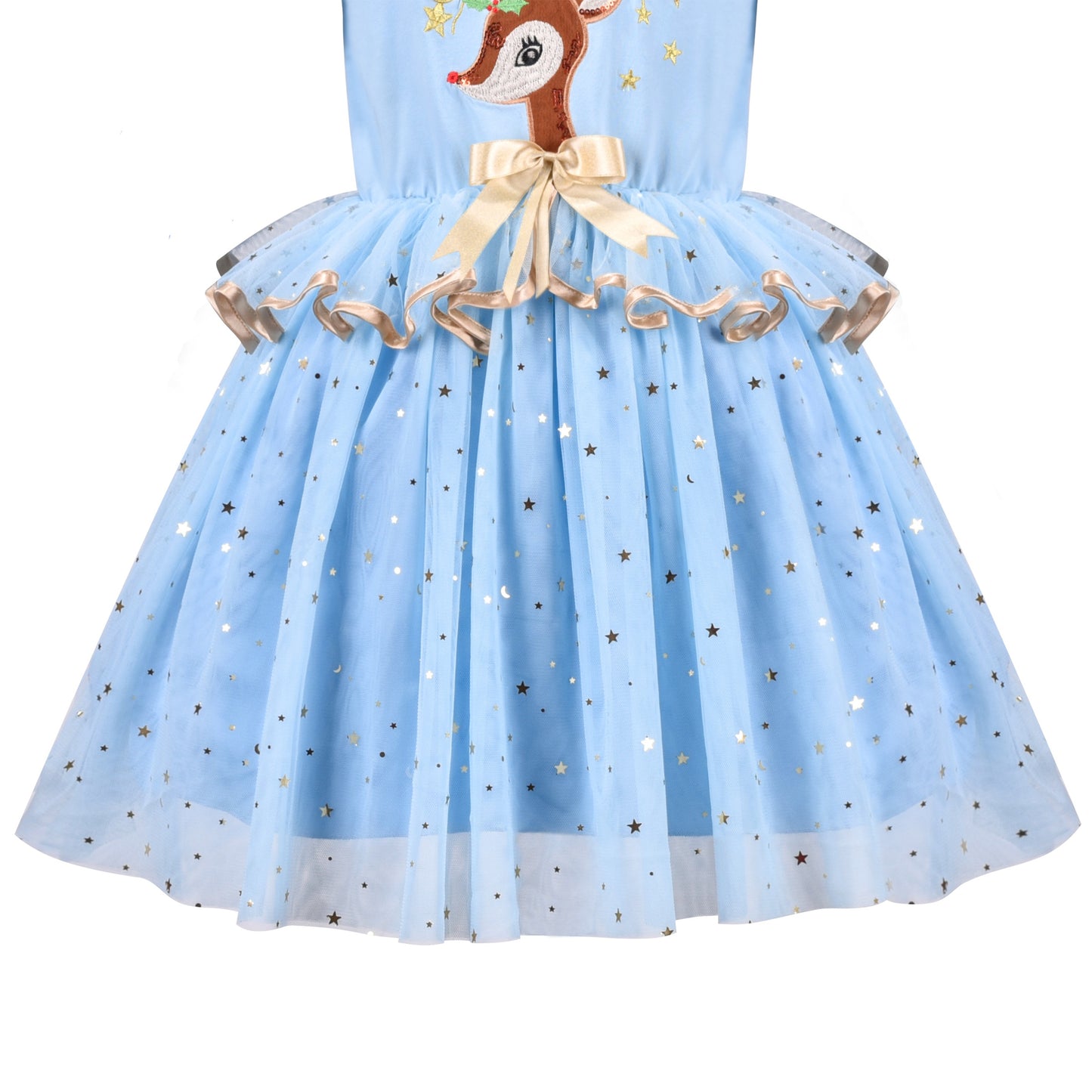 Girls Dress Christmas Reindeer Long Sleeve Party Dress Blue