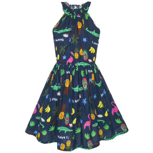 Girls Halter Dress Multicolor Floral Animal Printed Cotton Casual Blue