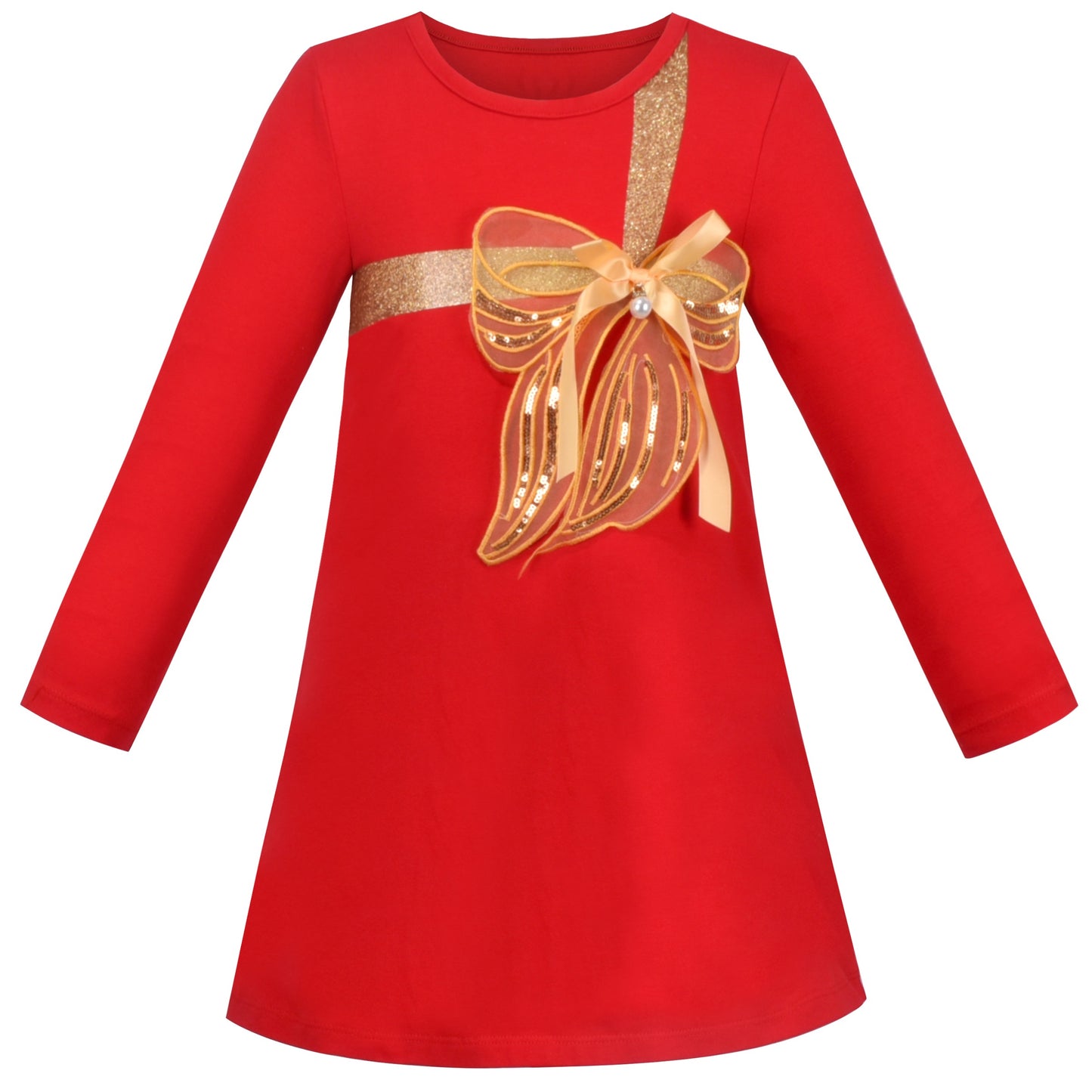 Girls Dress Long Sleeve Cotton Cartoon Sequins Pink Striped Dress Red