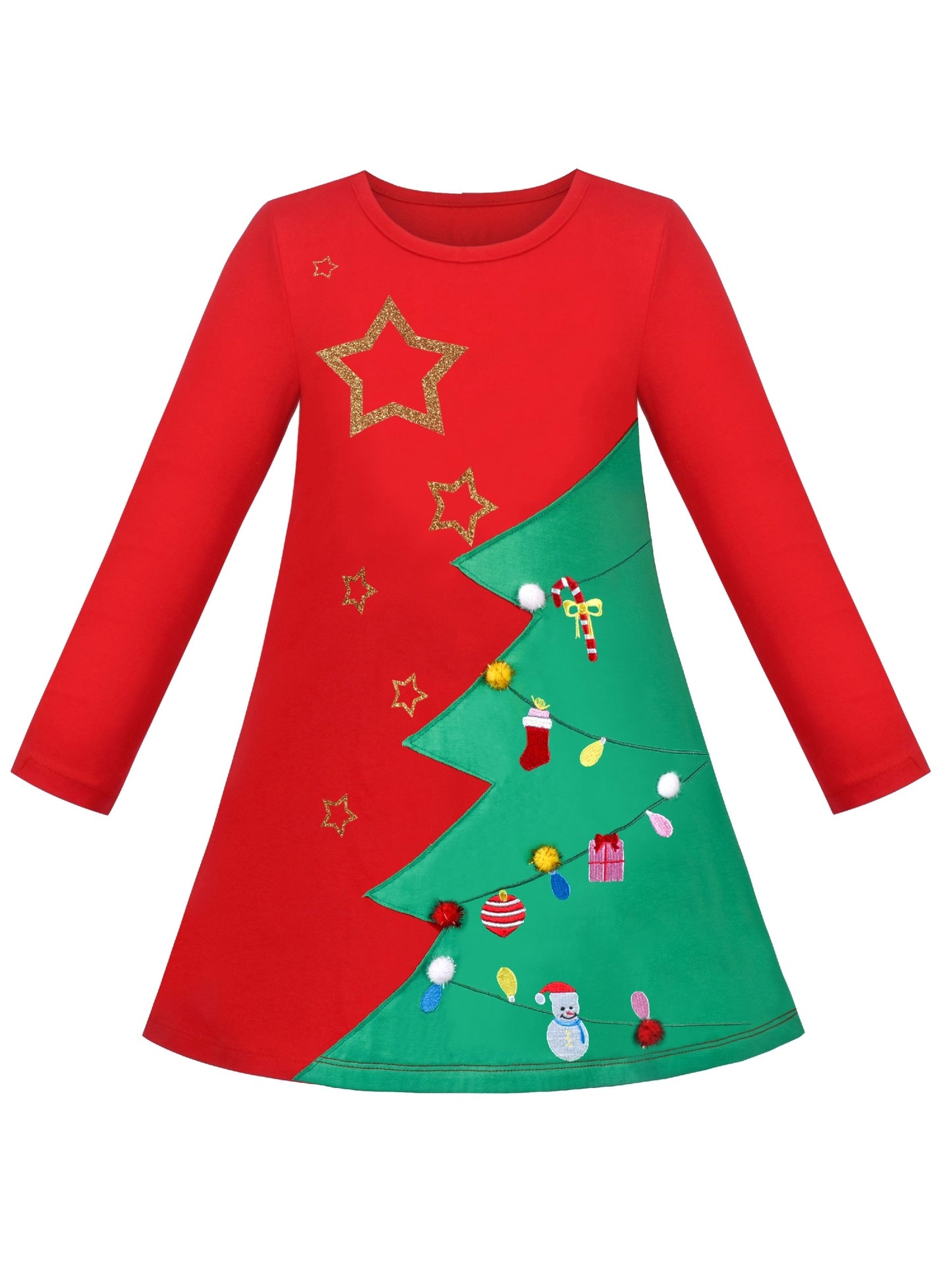 Girls Dress Long Sleeve Cotton Cartoon Sequins Pink Striped Dress Red