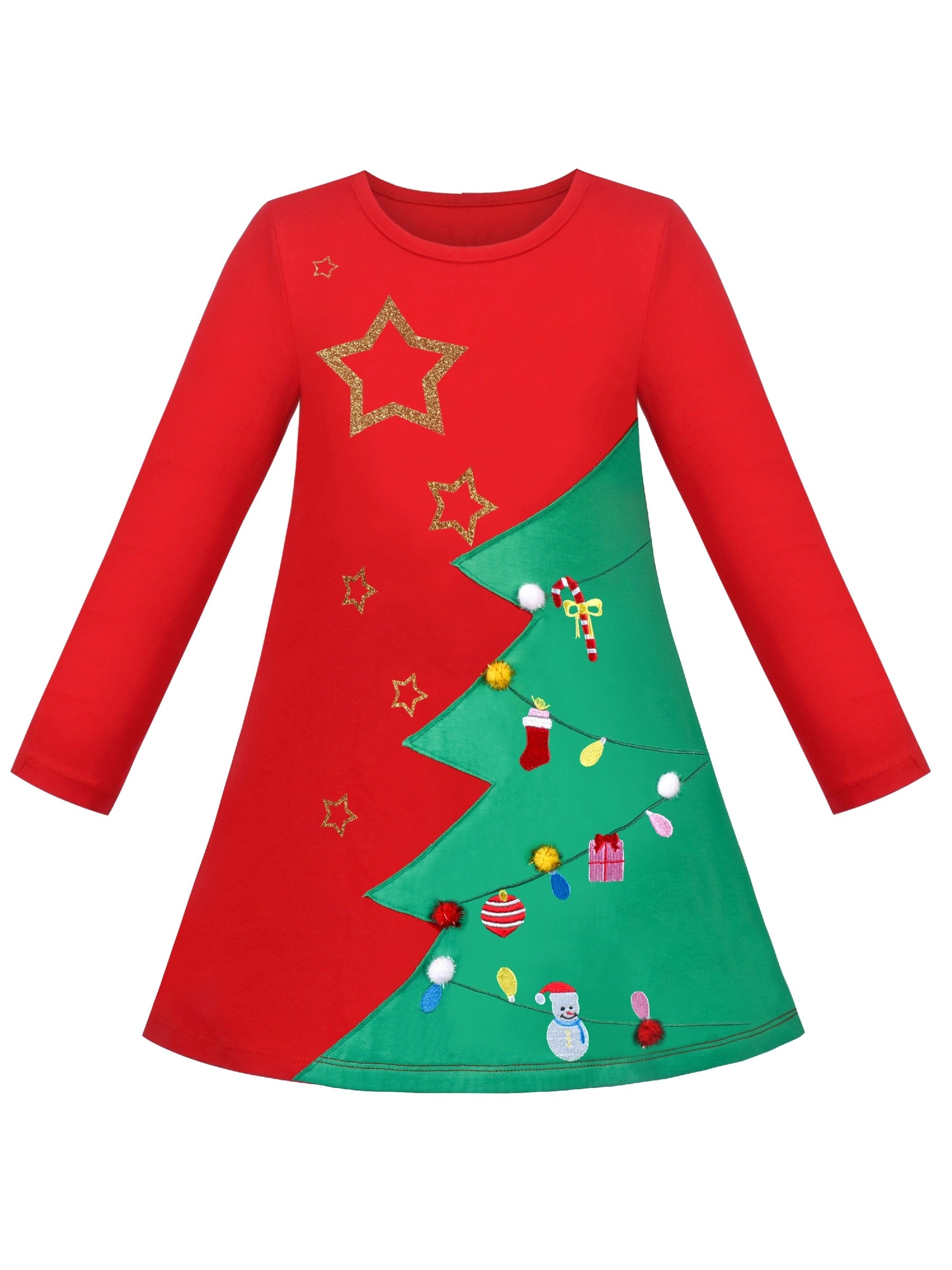 Girls Dress Long Sleeve Cotton Cartoon Sequins Pink Striped Dress Red