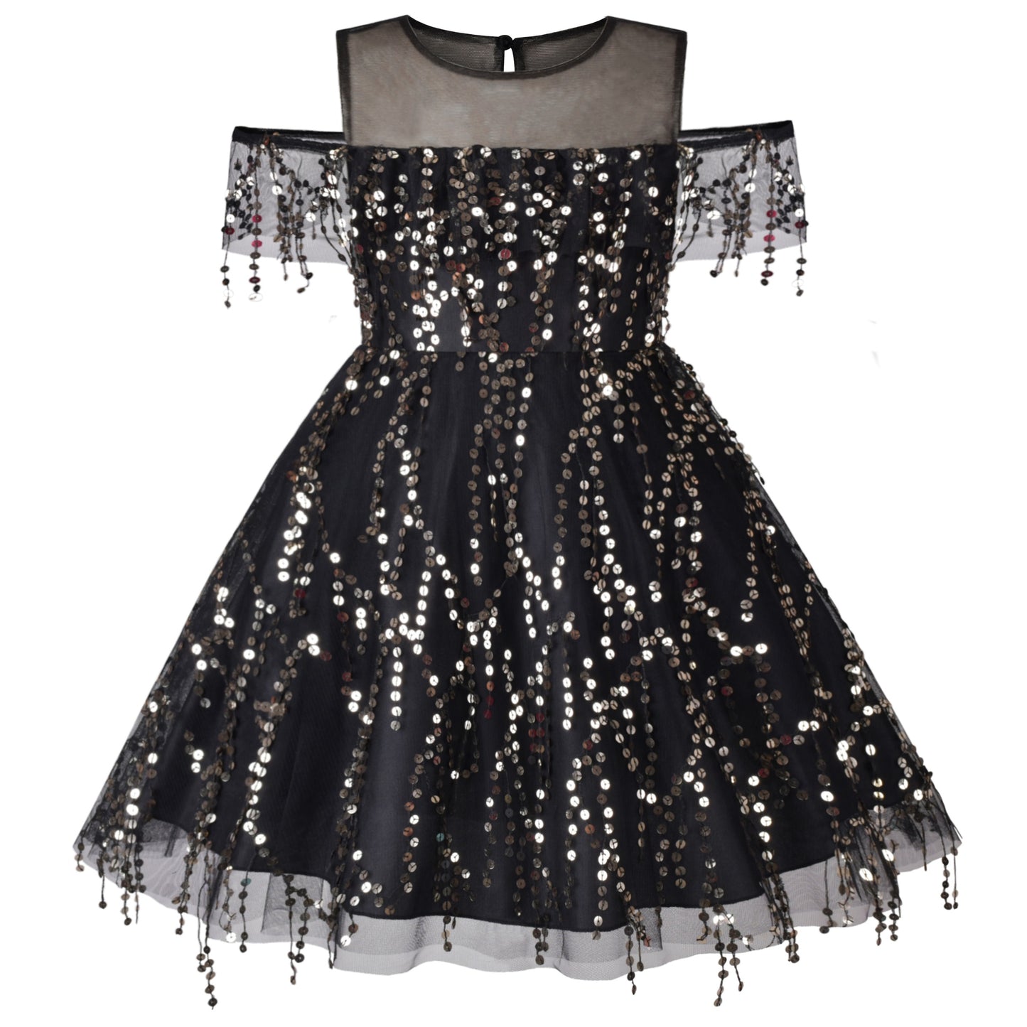 Girls Dress Cold Shoulder Sleeveless Lace Flower Ruffle Black