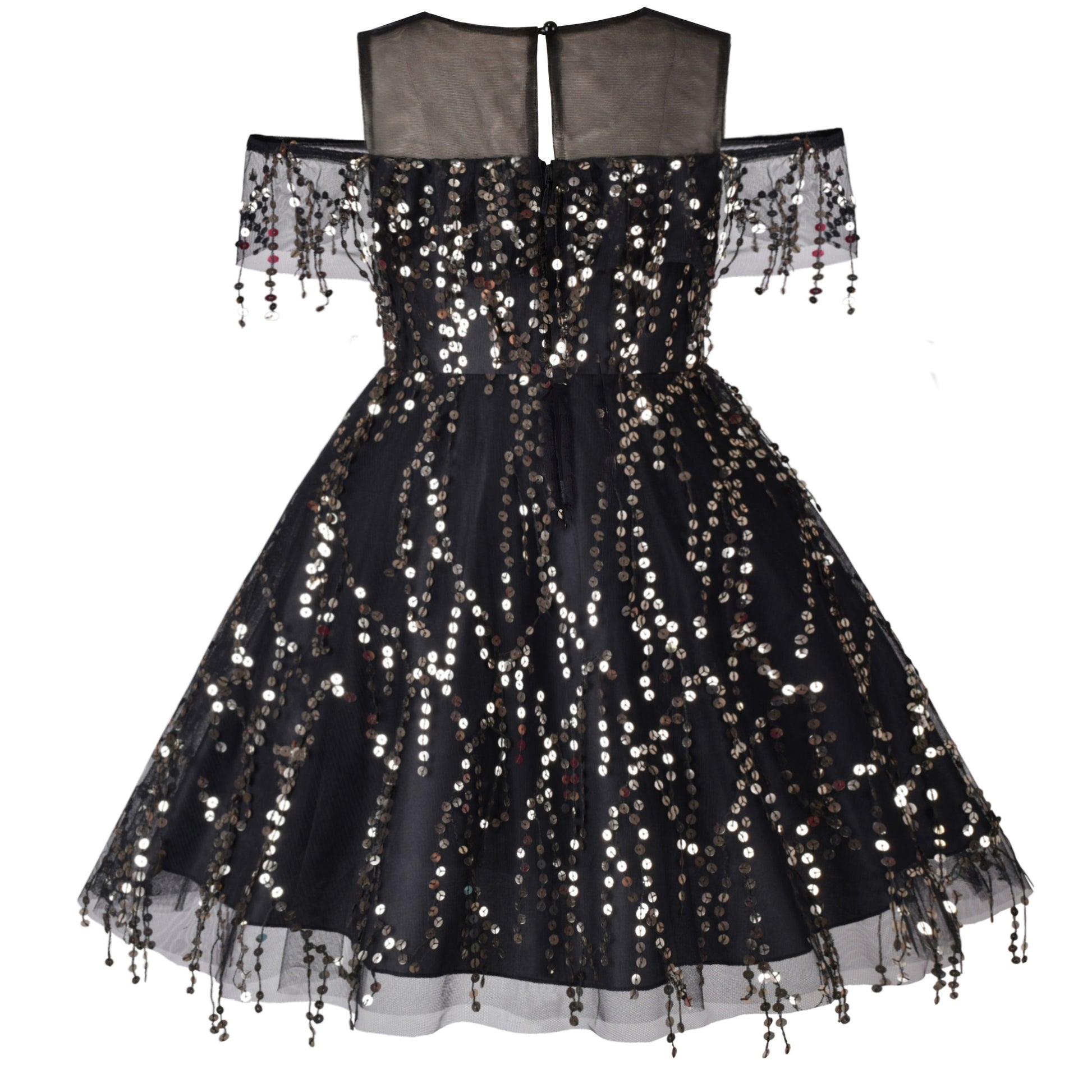 Girls Dress Cold Shoulder Sleeveless Lace Flower Ruffle Black