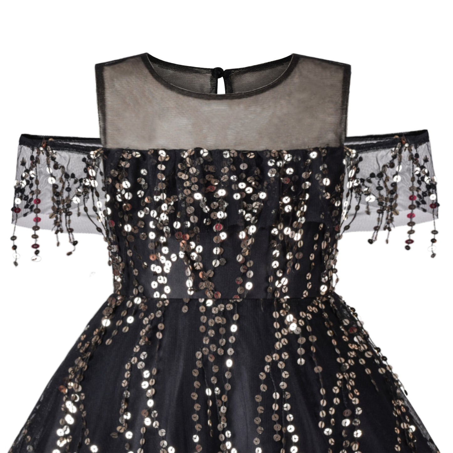 Girls Dress Cold Shoulder Sleeveless Lace Flower Ruffle Black