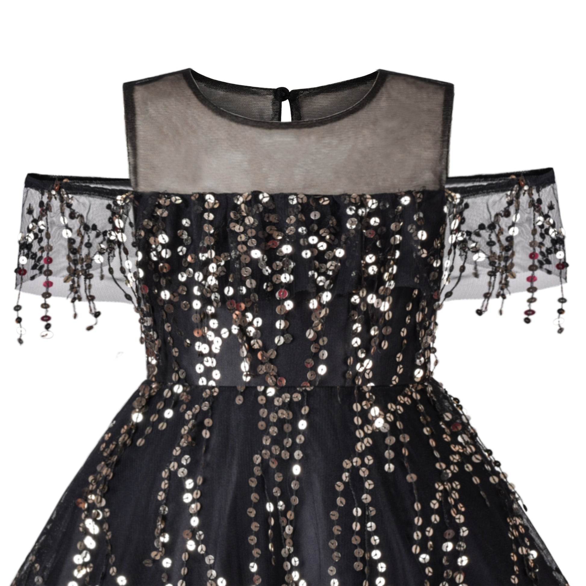Girls Dress Cold Shoulder Sleeveless Lace Flower Ruffle Black