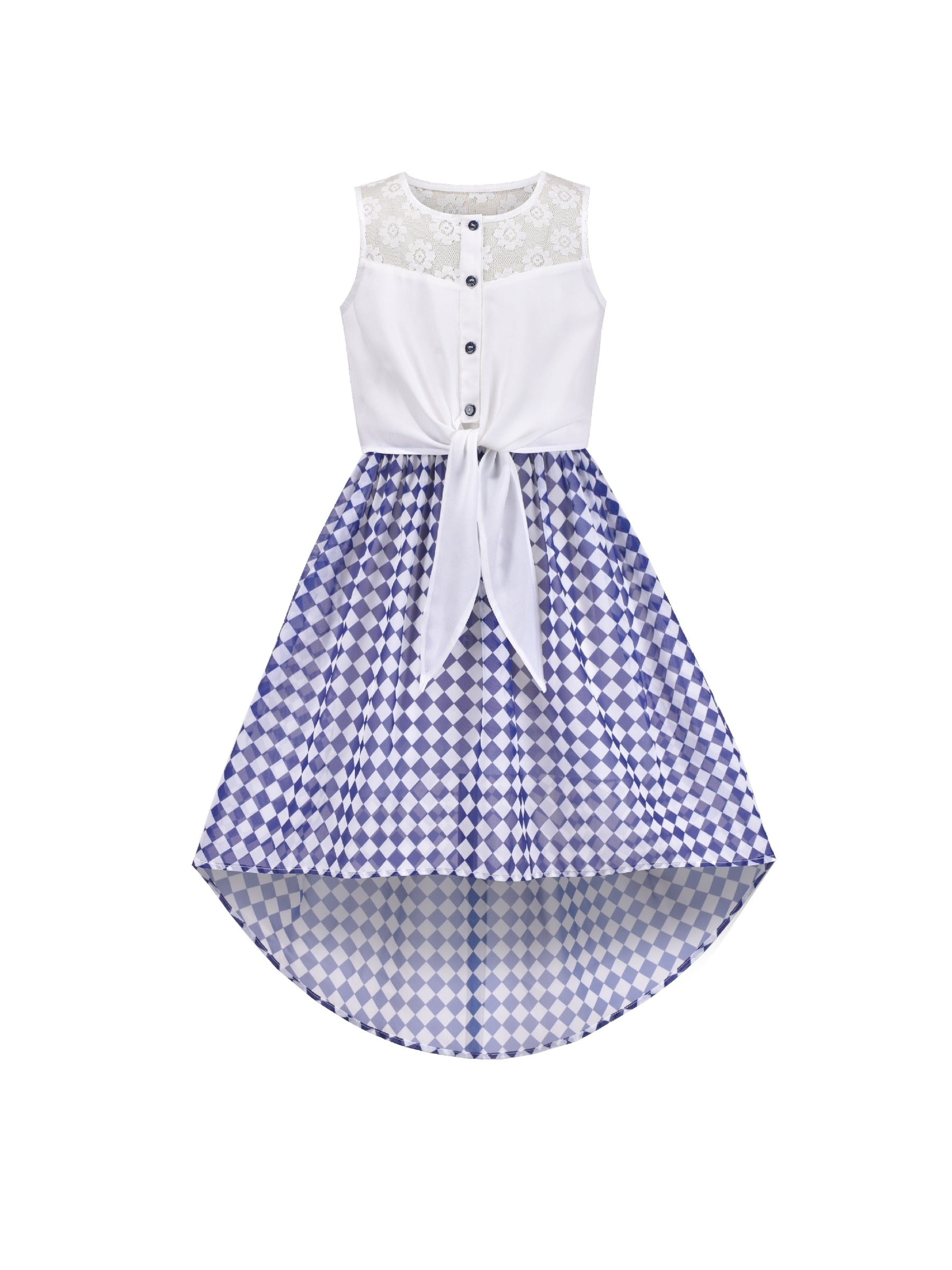 Girls Dress Lace to Chiffon Striped Black White Tied Waist Blue