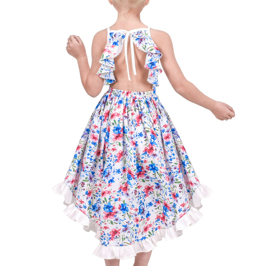 Girls Dress Floral Print Summer Sundress Sleeveless Hollow Back Blue