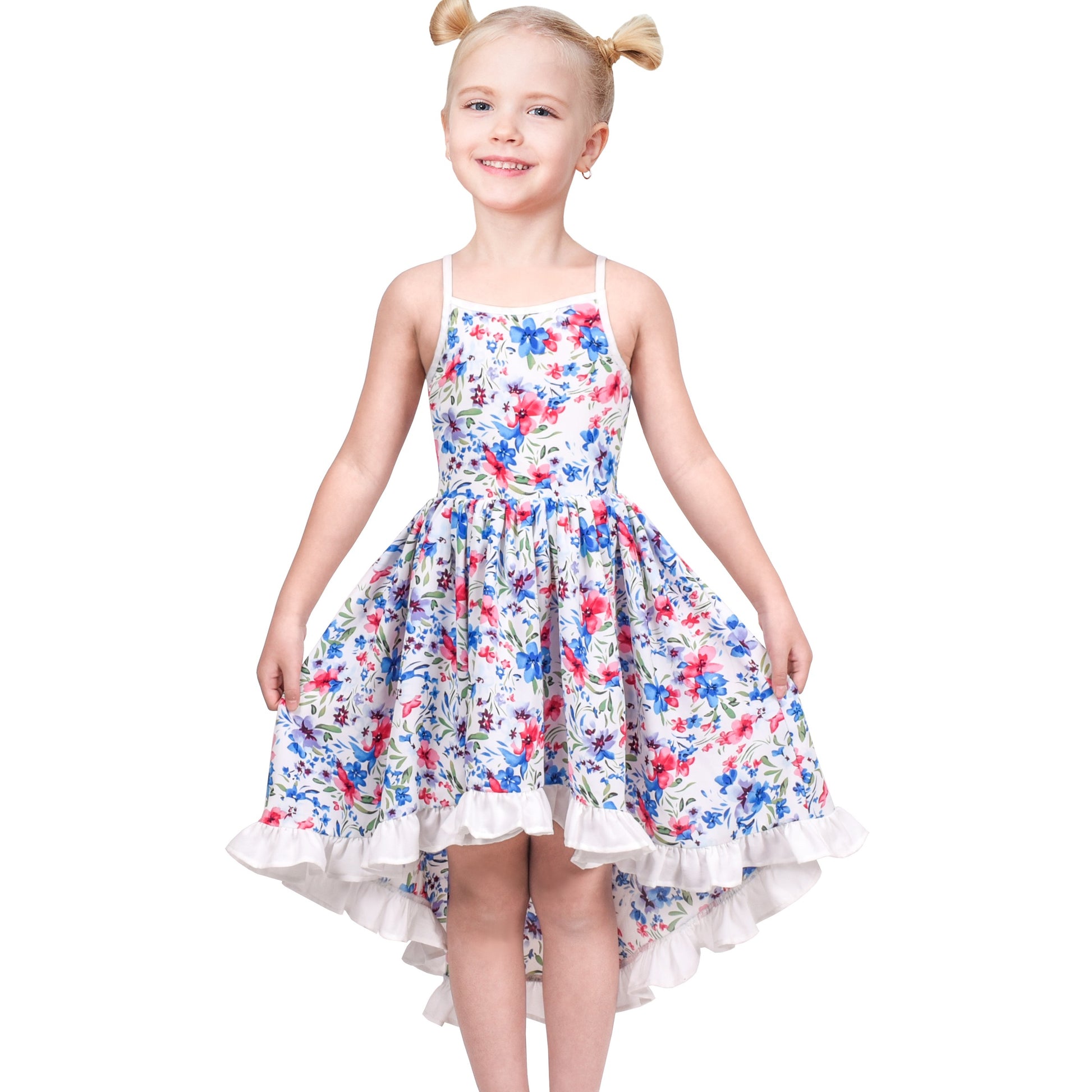 Girls Dress Floral Print Summer Sundress Sleeveless Hollow Back Blue