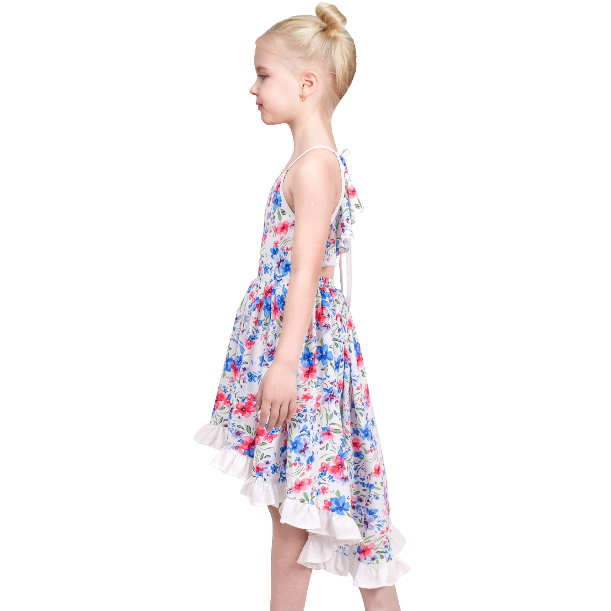 Girls Dress Floral Print Summer Sundress Sleeveless Hollow Back Blue