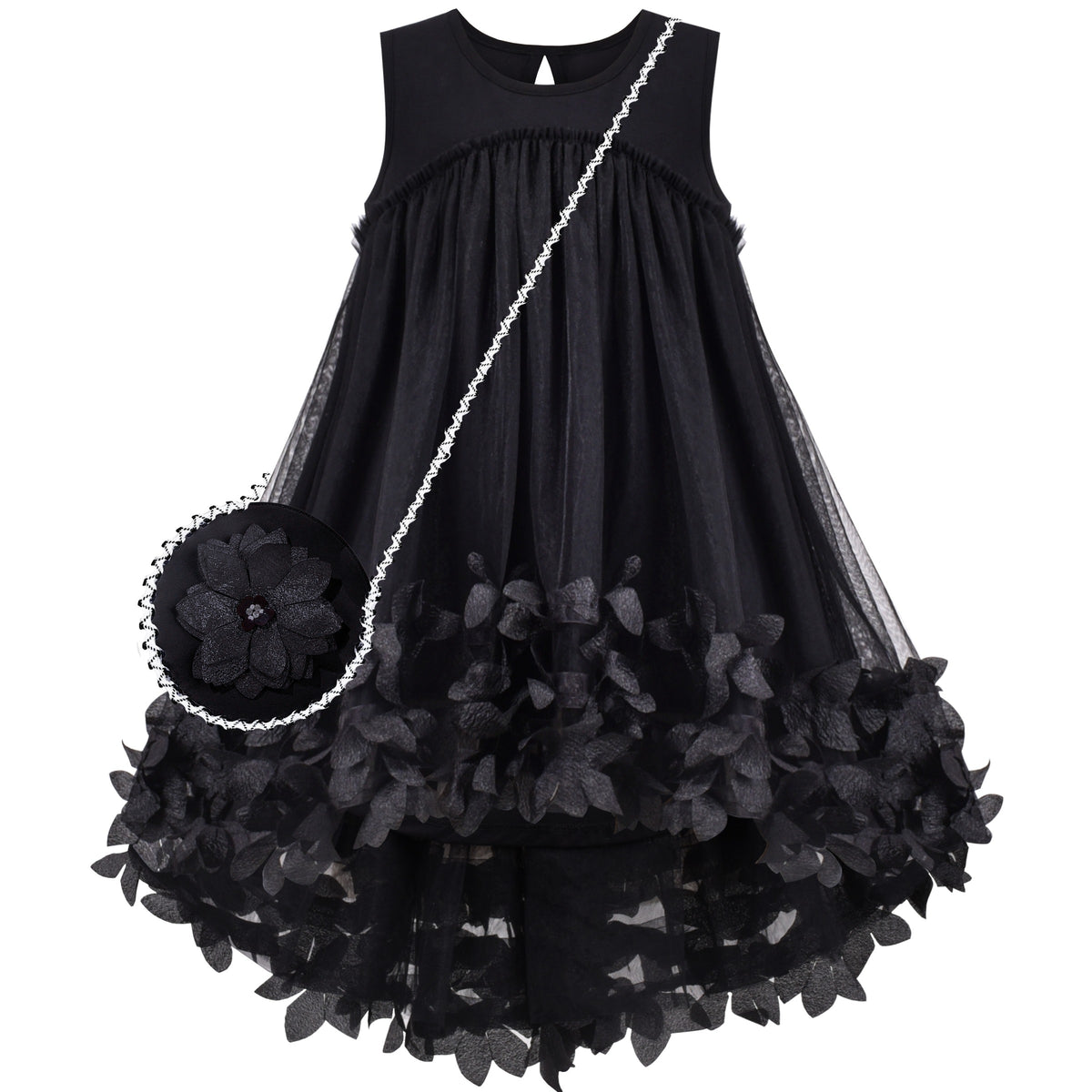 Girls Dress Turquoise Dimensional Flower Birthday Wedding Dress - Black