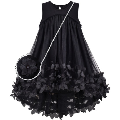 Girls Dress Turquoise Dimensional Flower Birthday Wedding Dress - Black