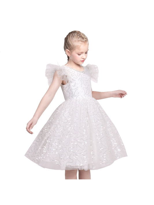 Girls Dress Purple Star Silver Glitter Princess Party Ruffle Sleeve White