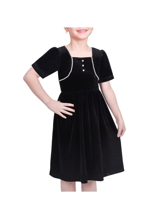 Girls Dress Black Velvet Short Sleeve Pearl Vintage Party Casual Holiday Black