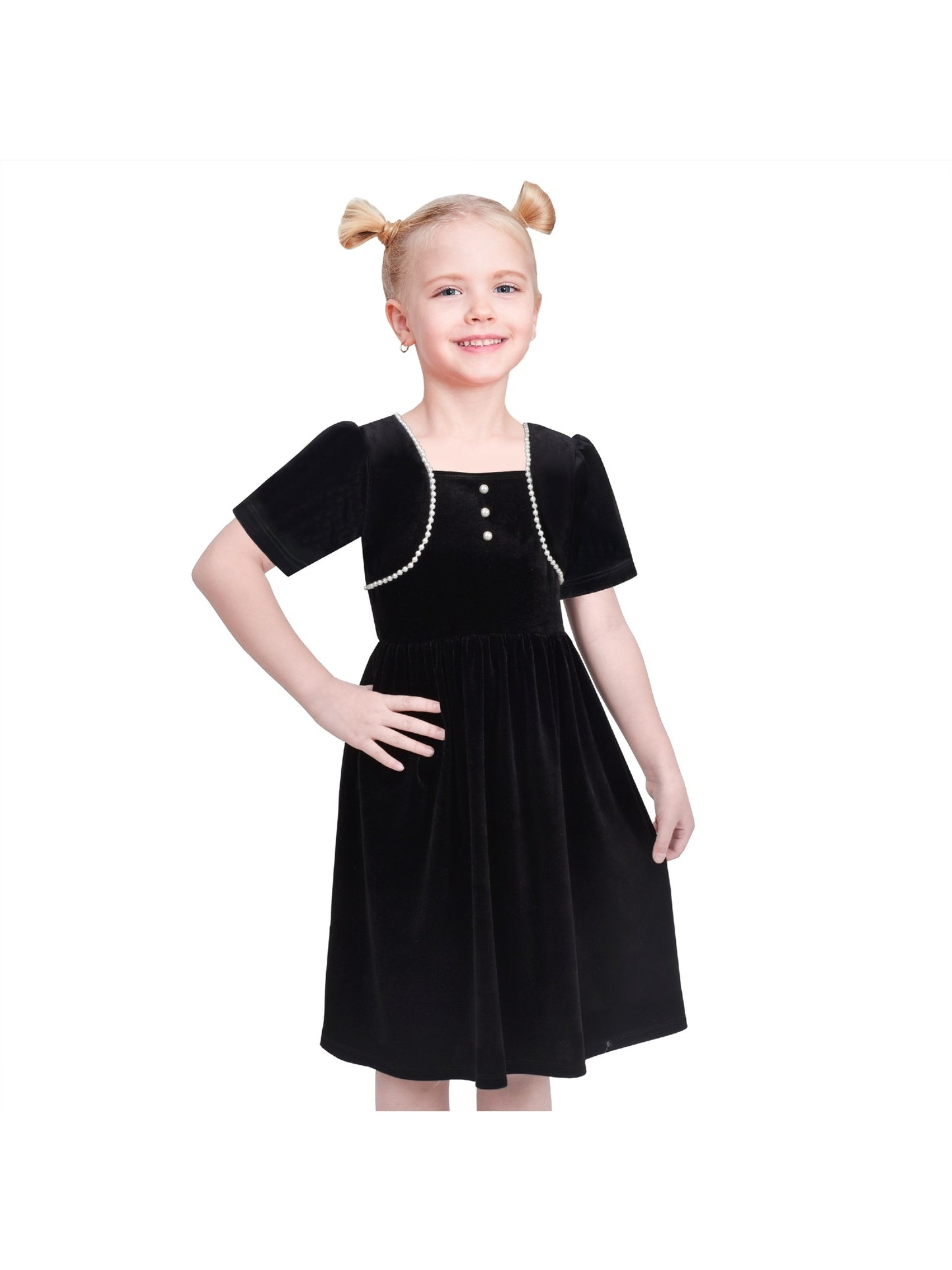Girls Dress Black Velvet Short Sleeve Pearl Vintage Party Casual Holiday Black