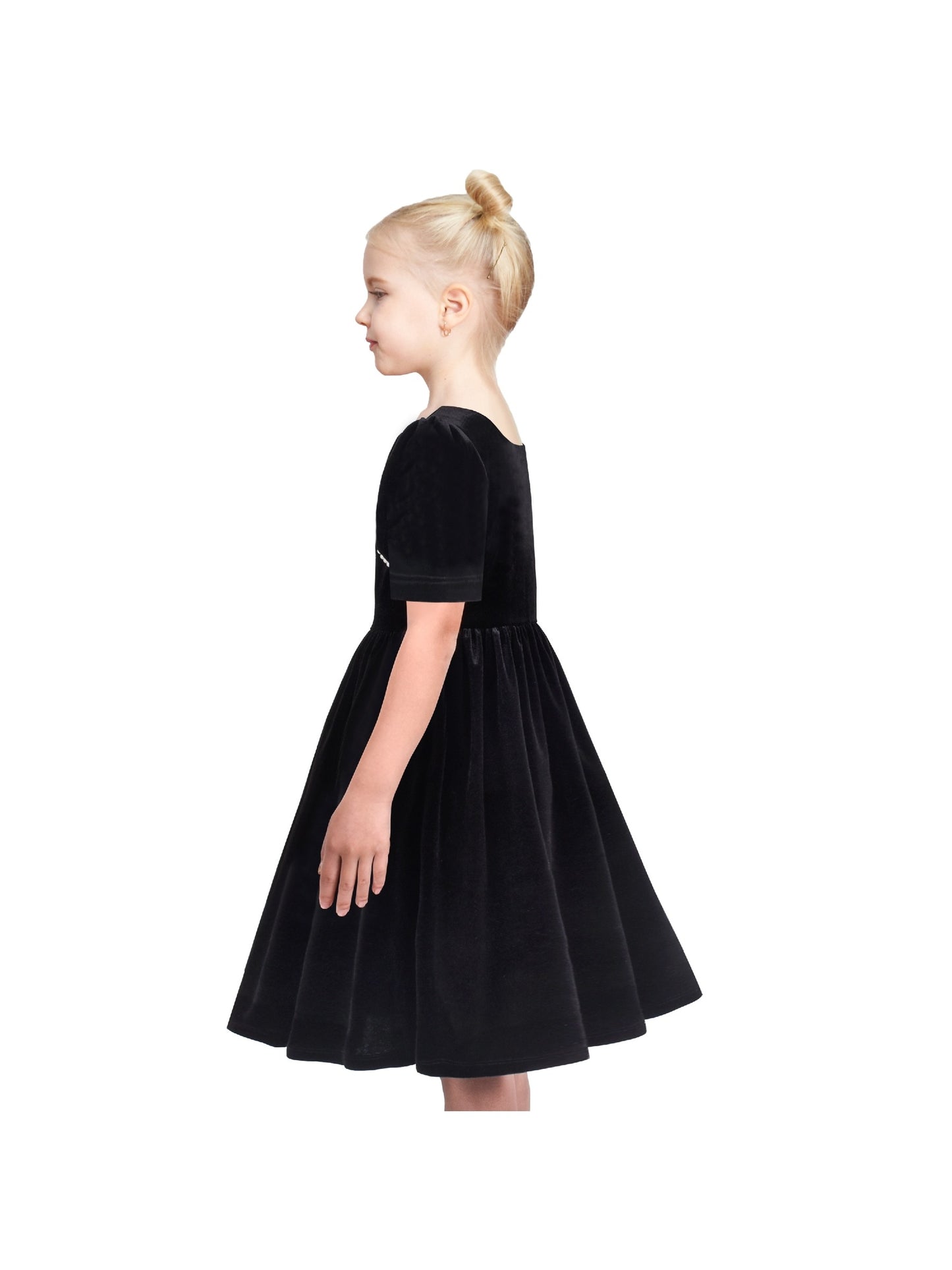 Girls Dress Black Velvet Short Sleeve Pearl Vintage Party Casual Holiday Black