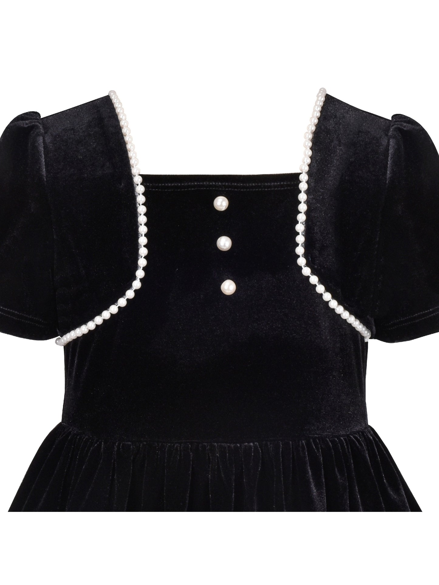 Girls Dress Black Velvet Short Sleeve Pearl Vintage Party Casual Holiday Black