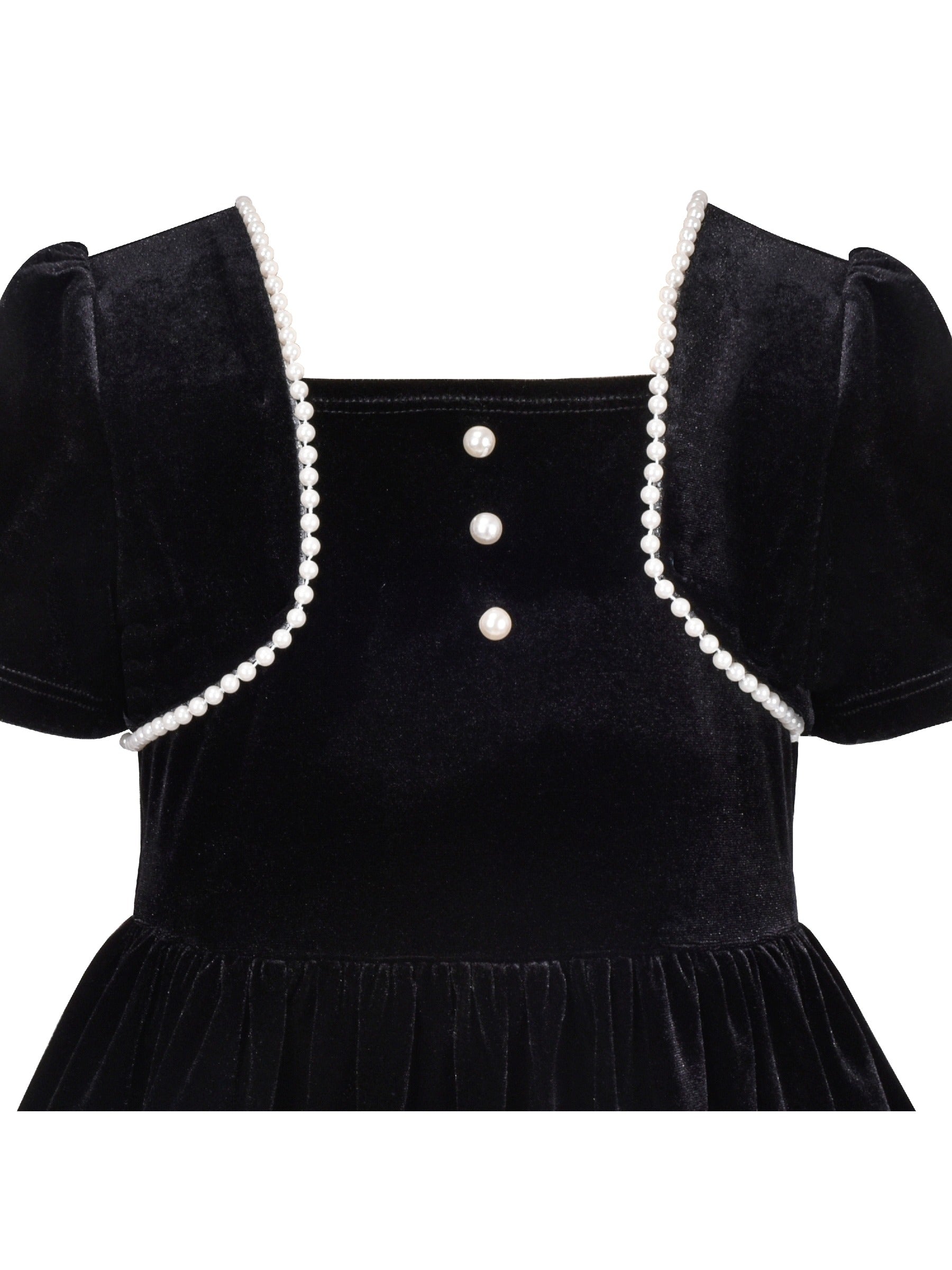 Girls Dress Black Velvet Short Sleeve Pearl Vintage Party Casual Holiday Black