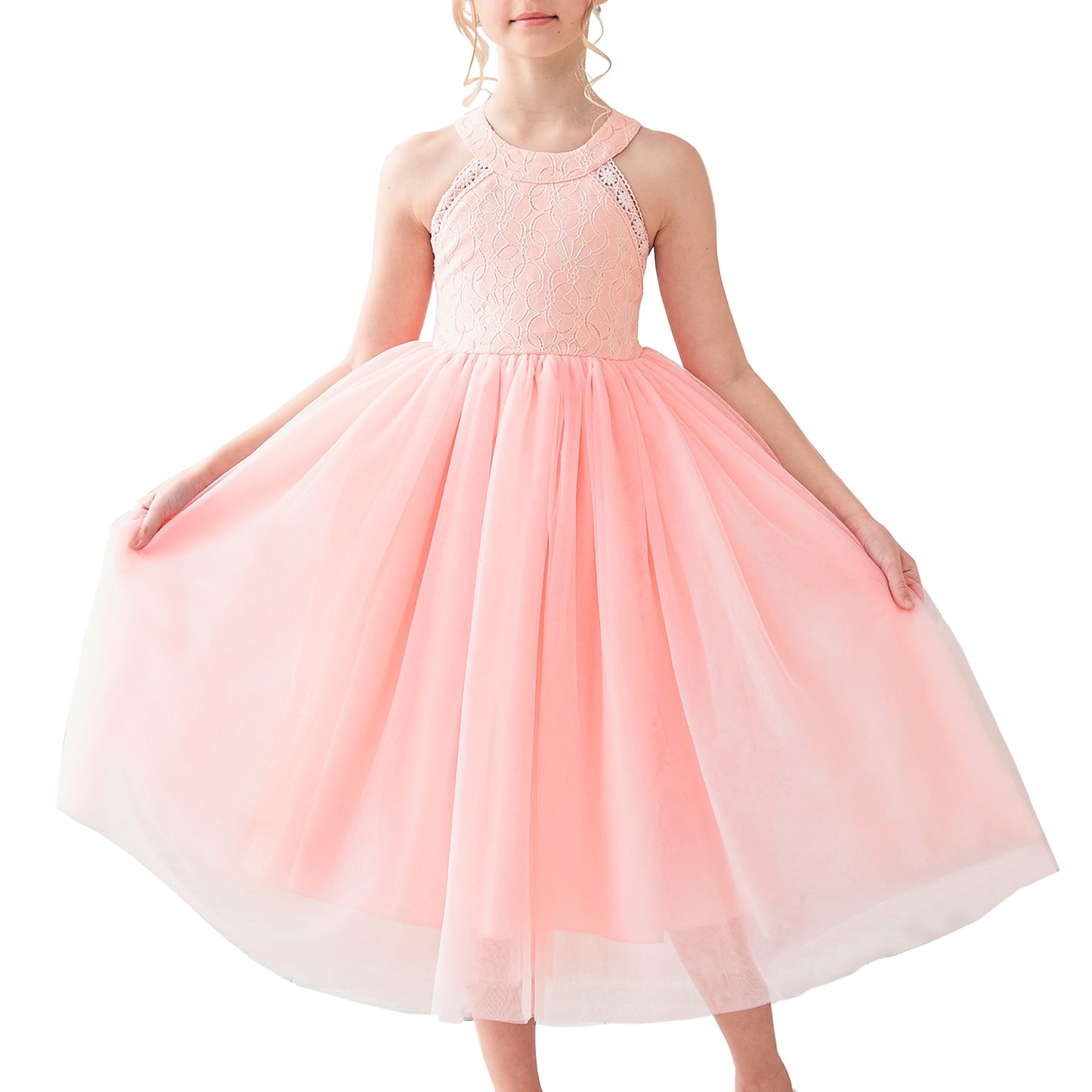 Girls Dress Pink Flower Lace Halter Princess Wedding Bridesmaid Tulle Pink