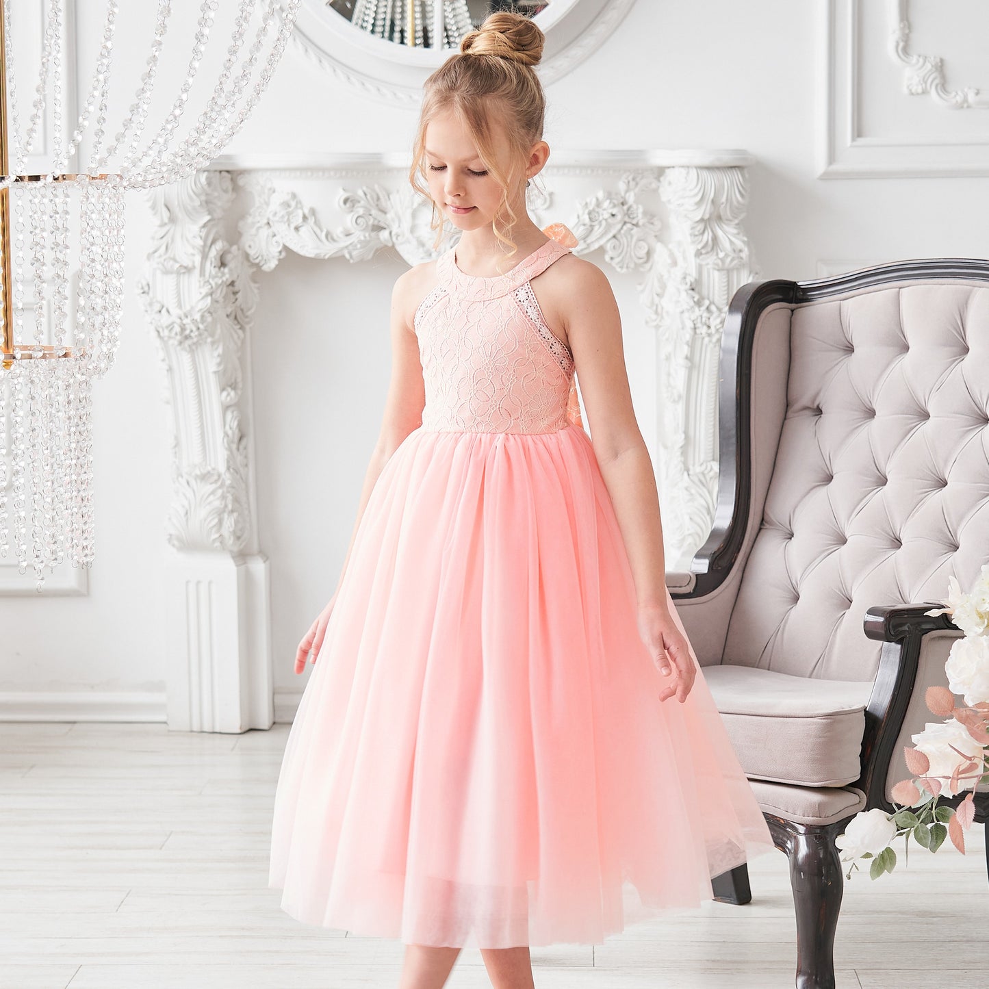 Girls Dress Pink Flower Lace Halter Princess Wedding Bridesmaid Tulle Pink