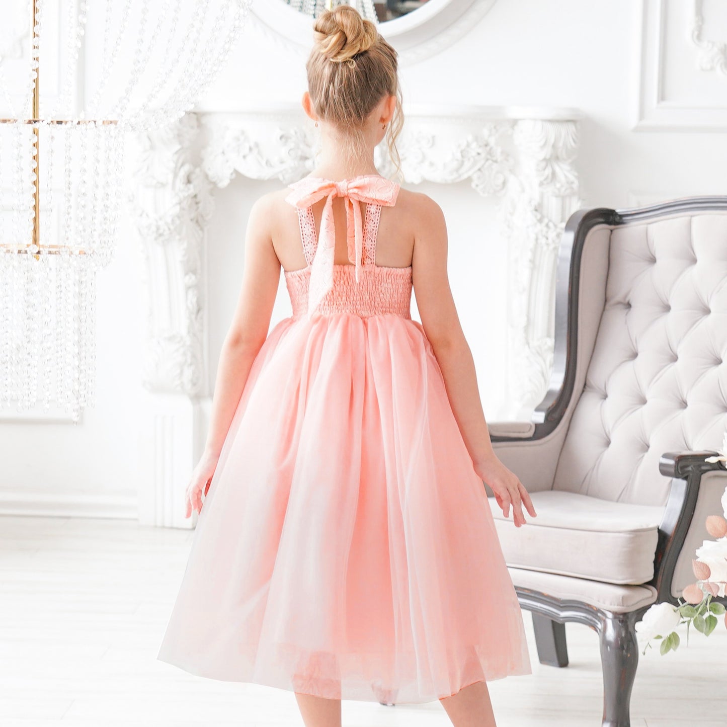 Girls Dress Pink Flower Lace Halter Princess Wedding Bridesmaid Tulle Pink