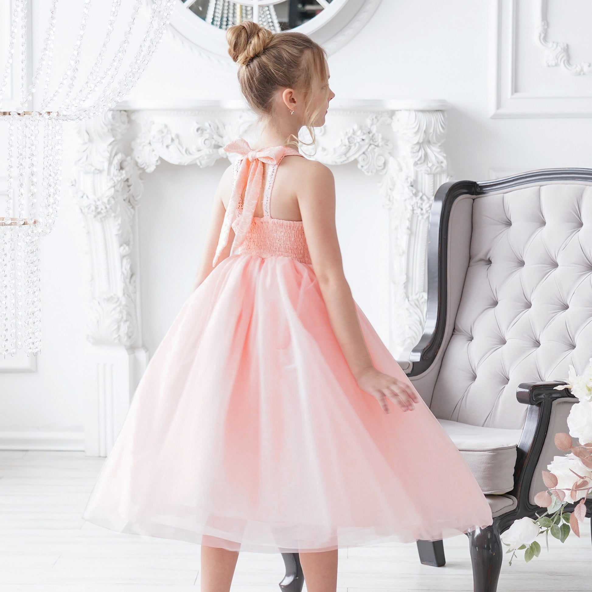 Girls Dress Pink Flower Lace Halter Princess Wedding Bridesmaid Tulle Pink