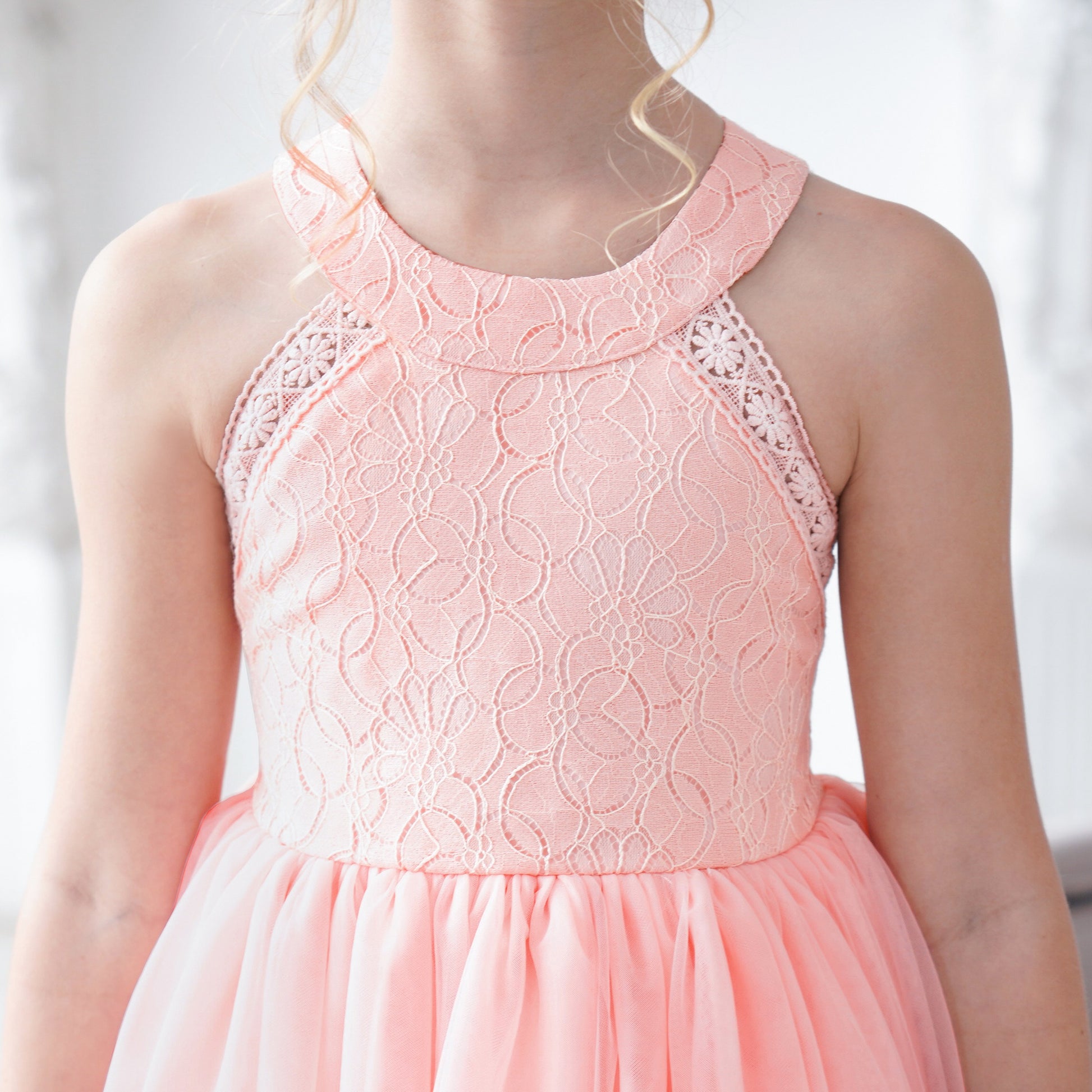 Girls Dress Pink Flower Lace Halter Princess Wedding Bridesmaid Tulle Pink