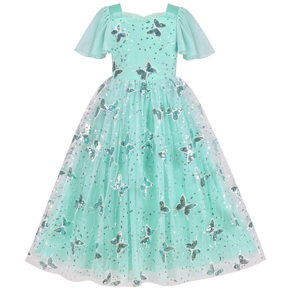 Girls Dress Blue Sequin Ruffle Collar Maxi Bow Tie Flare Short Sleeve - Turquoise Butterfly