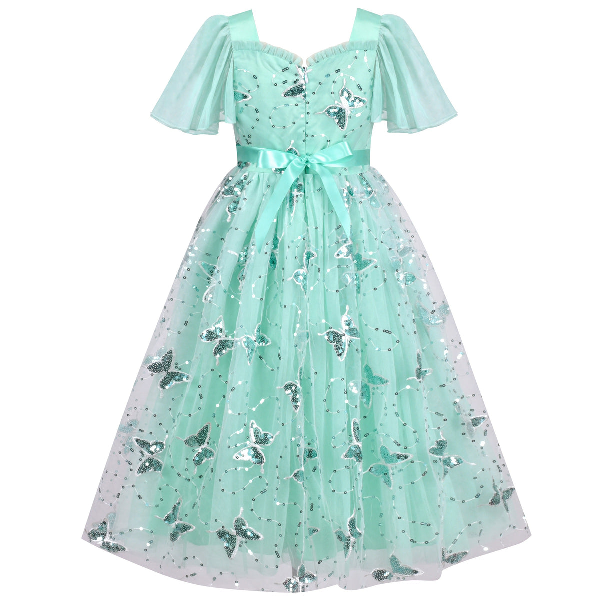 Girls Dress Blue Sequin Ruffle Collar Maxi Bow Tie Flare Short Sleeve - Turquoise Butterfly