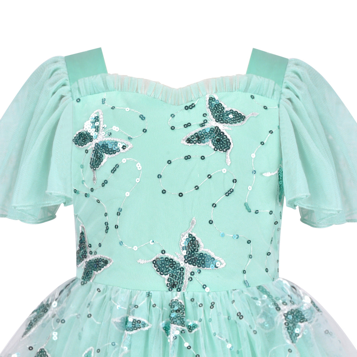 Girls Dress Blue Sequin Ruffle Collar Maxi Bow Tie Flare Short Sleeve - Turquoise Butterfly