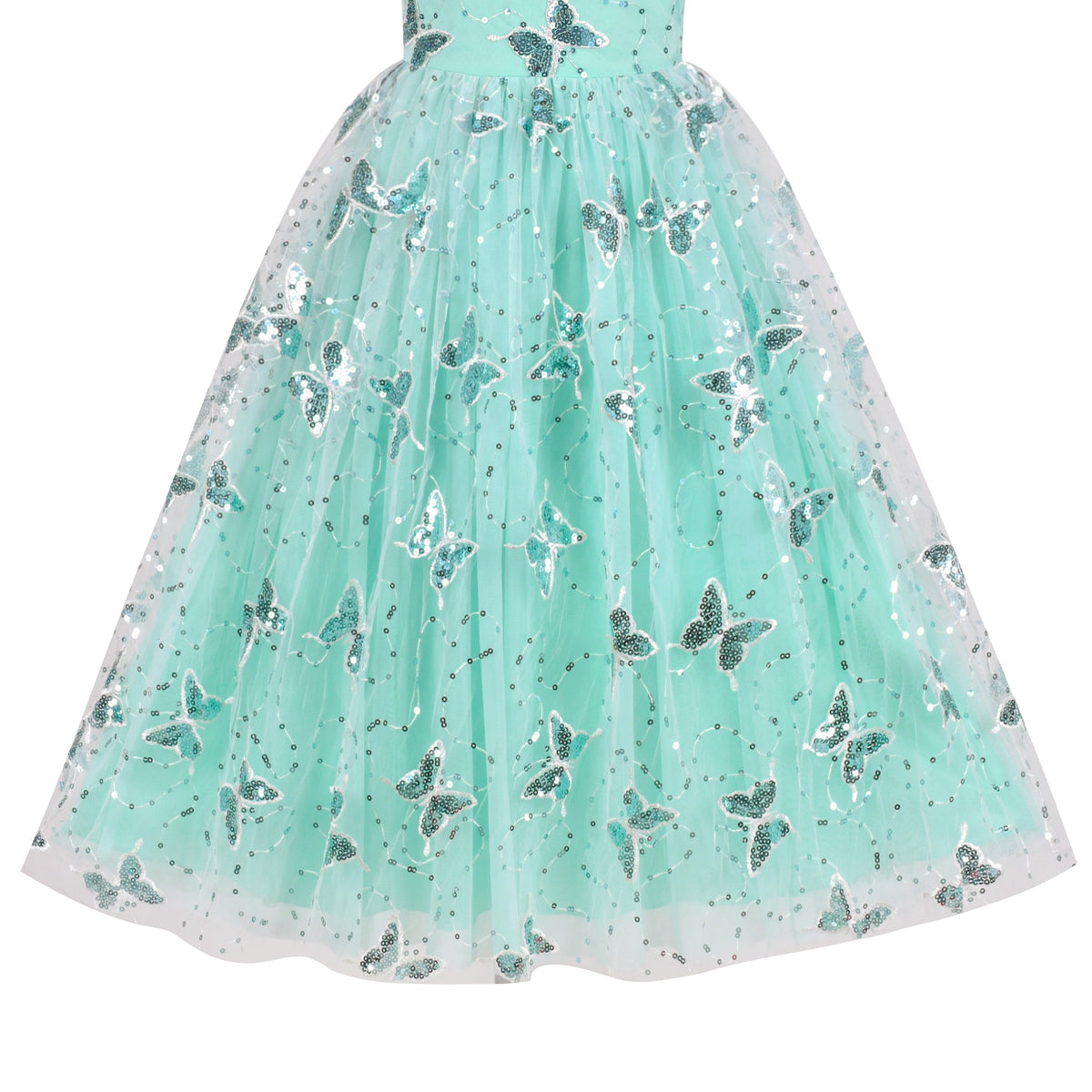 Girls Dress Blue Sequin Ruffle Collar Maxi Bow Tie Flare Short Sleeve - Turquoise Butterfly
